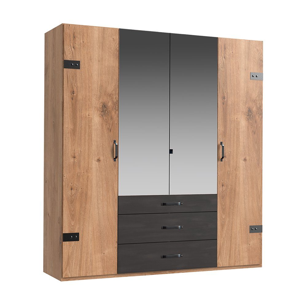 Lomadox Kleiderschrank DAVENPORT-43 200cm, 4 Türen (2 Spiegeltüren), 3 Schubladen, Eiche mit Stahl Nb.