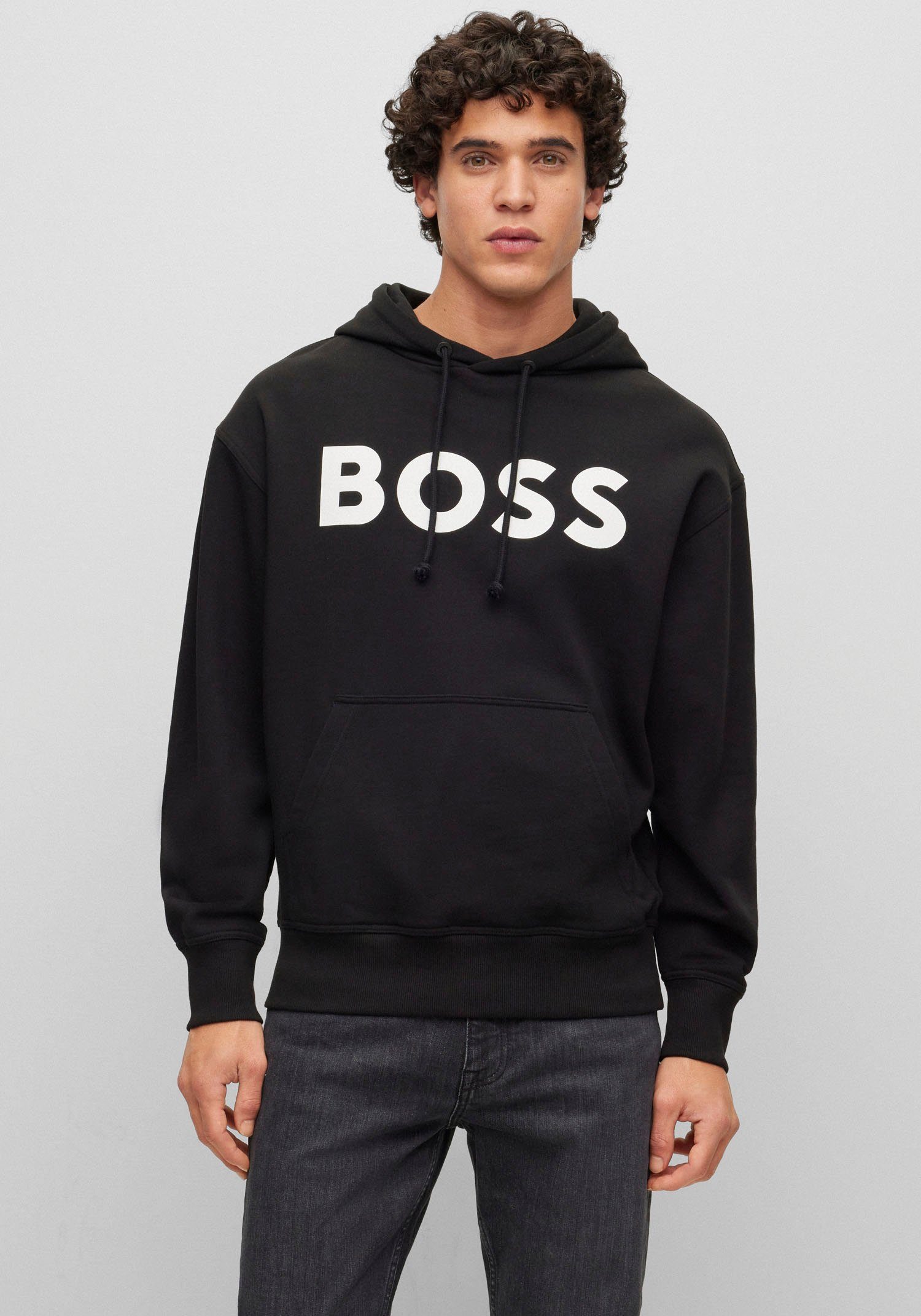 BOSS WebasicHood Sweatshirt Logodruck, mit Kordelzug weißem Bequeme ORANGE mit Kapuze