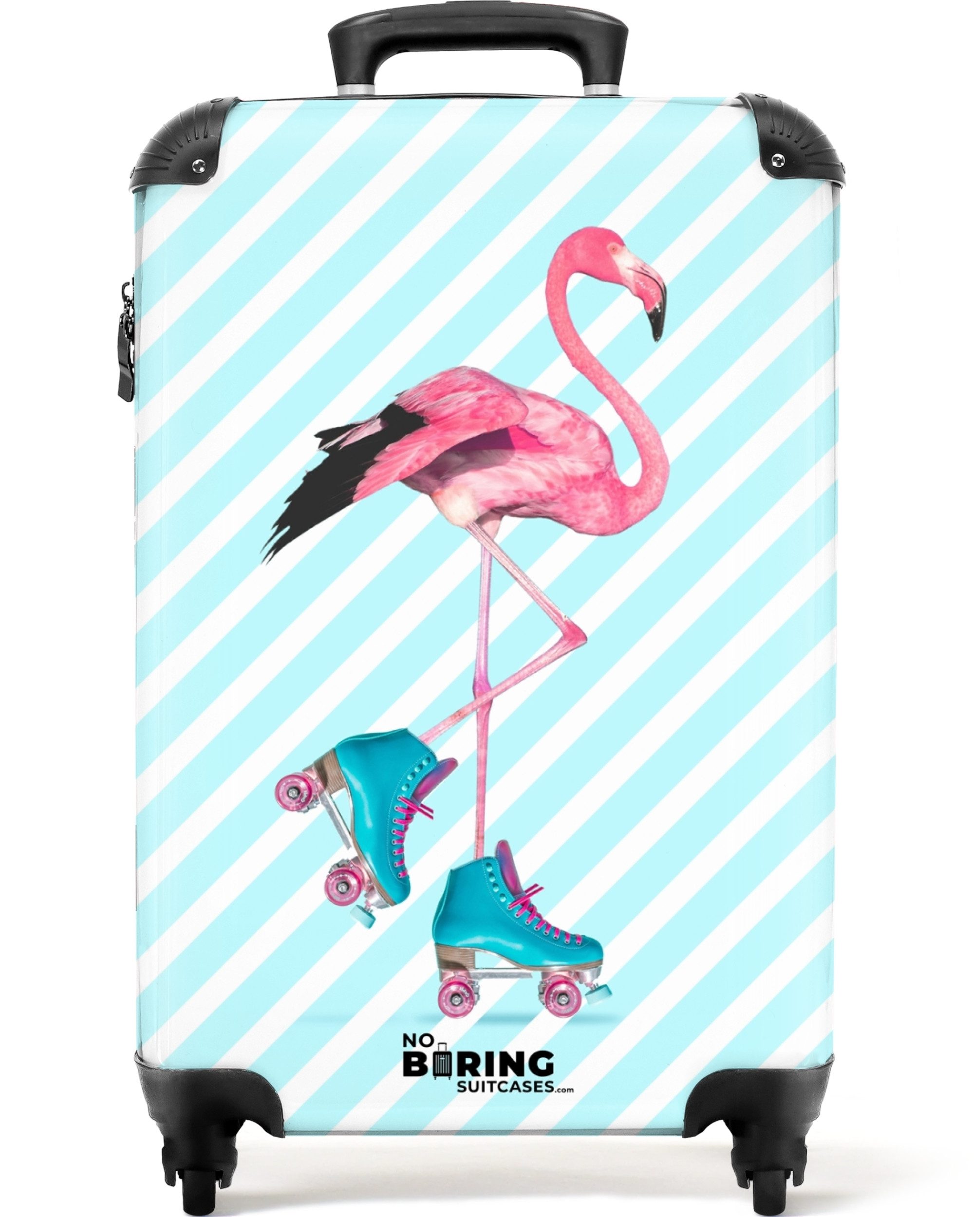 NoBoringSuitcases.com© Hartschalen-Trolley Flamingo mit blauen Rollschuhen 55x35x20cm, 4 Rollen, Reisetasche mit Rollen, Koffer Handgepäck Flugzeug