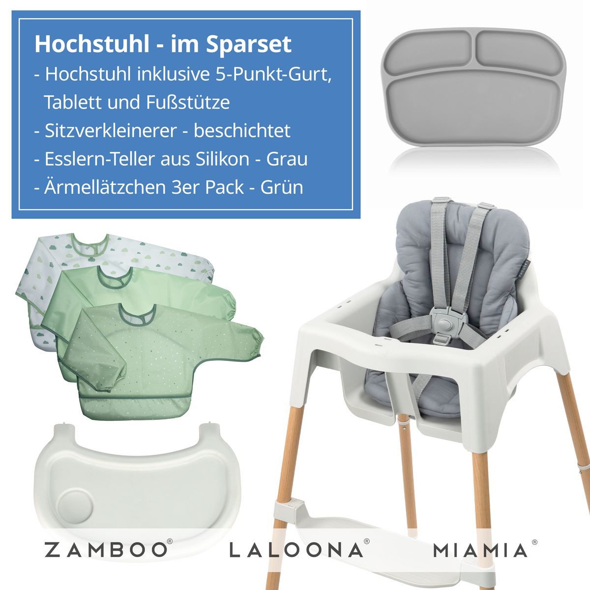 Zamboo Hochstuhl Grau, Baby Kinderhochstuhl inkl. Sitzverkleinerer, Esslern-Teller & Lätzchen
