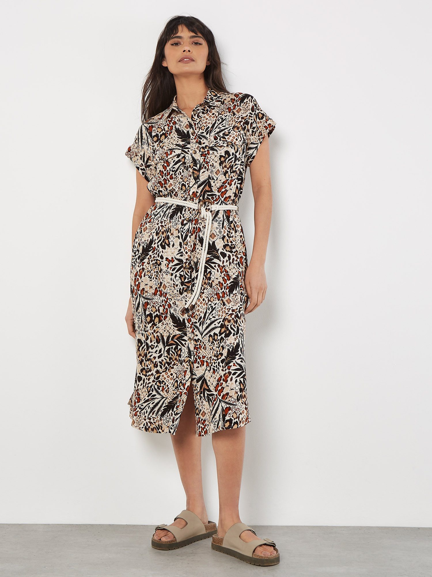 Apricot Midikleid Mixed Animal Print Shirt Dress mit Kordel