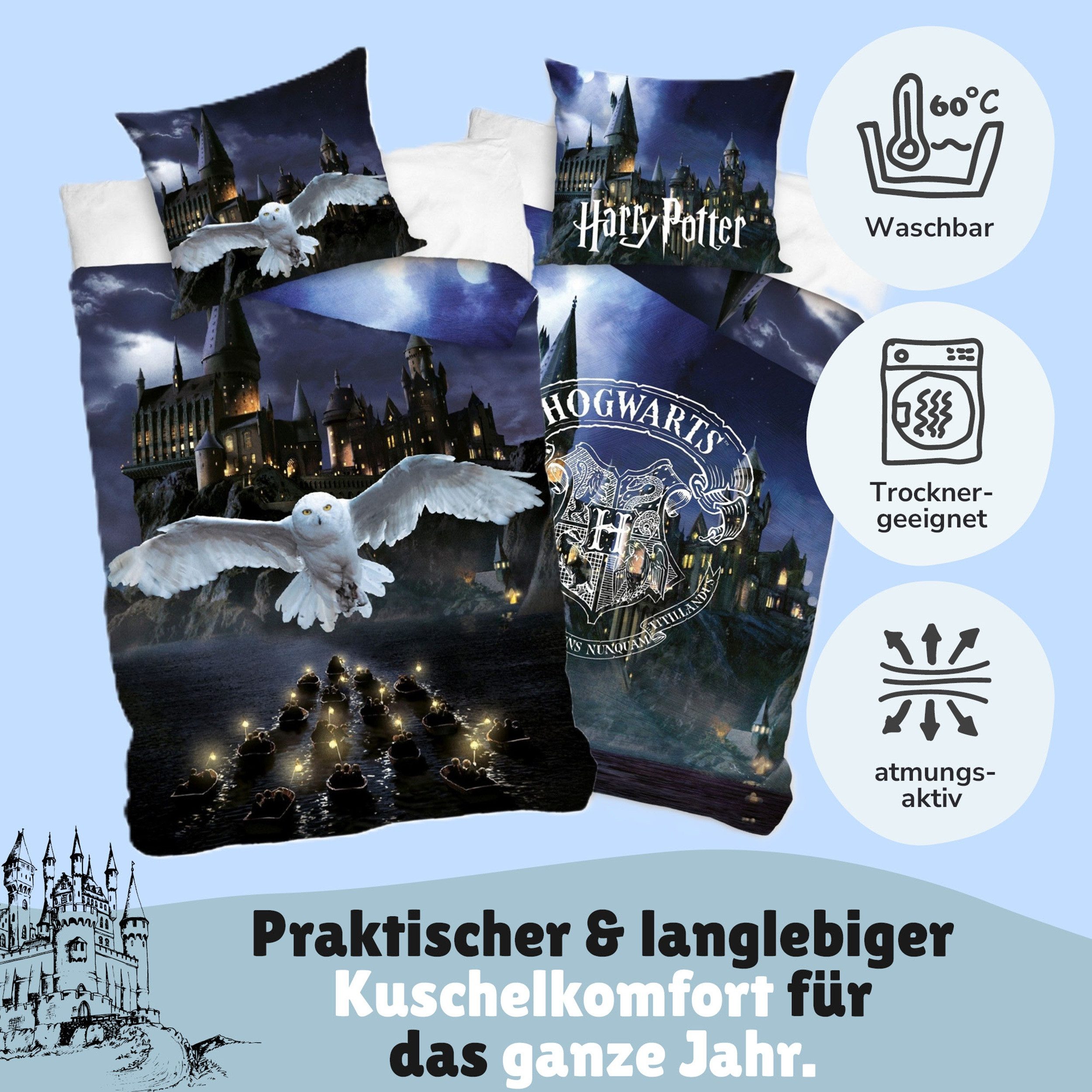 Familando Jugendbettwäsche Harry Potter "Eule" 135x200 80x80 cm - 100% Baumwolle, Reißverschluss, Renforcé, 2 teilig, mit Eule Hedwig und Hogwarts – Bild 5 von 5