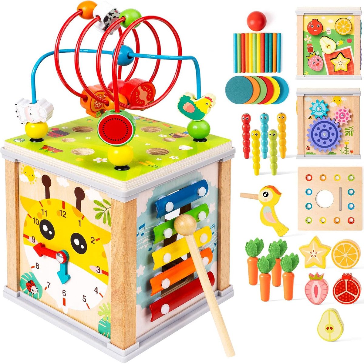 Novzep Motorikwürfel 10-in-1 Motorikwürfel Holz Spielzeug,Lernspielzeug mit Musik & Uhr, (Babywürfel, 1-tlg), Aktivitätswürfel,Formensteckspiel, Sinneswürfel Motorikschleife