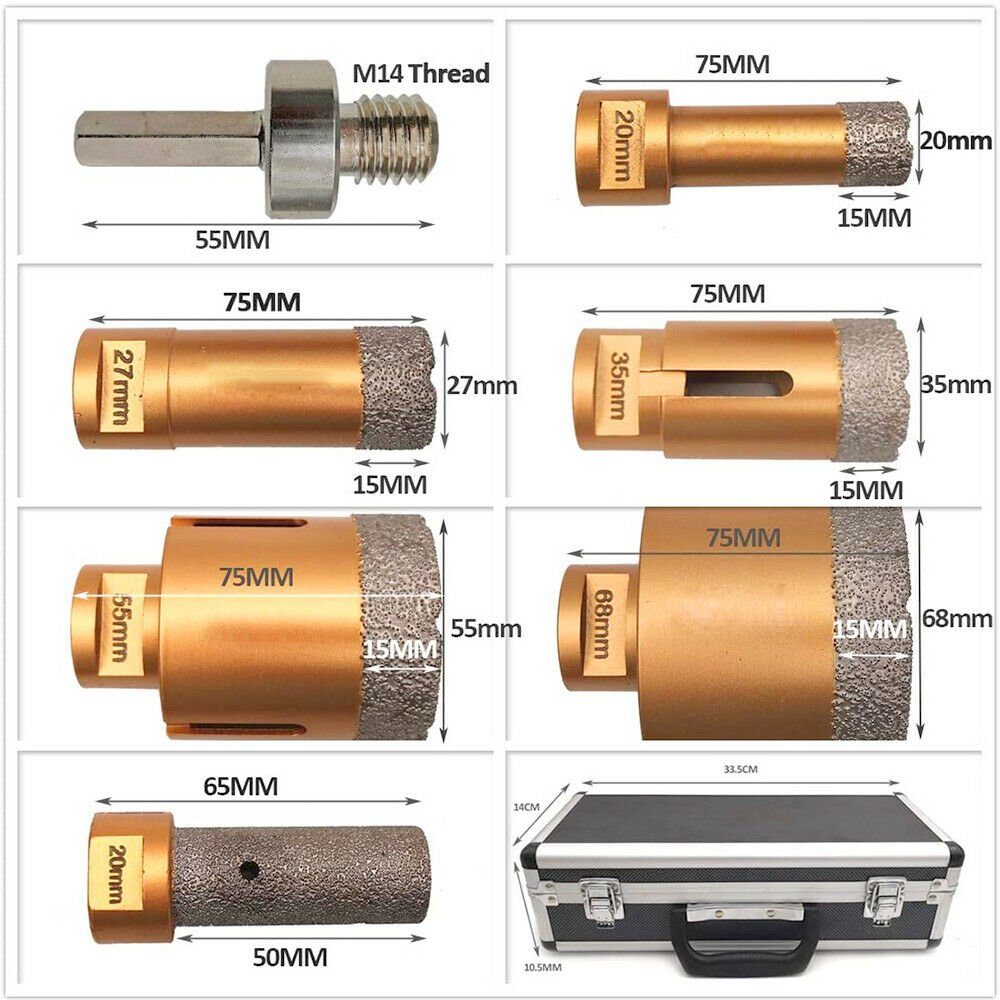 Adapter mit XERSEK 7-tlg., Diamantbohrer Ø Fingerfräser Lochsäge Aluminiumbox, Fliesenbohrer, + 20/27/35/55/68mm 1 Satz Winkelschleifer M14-HEX Hohlbohrkrone M14