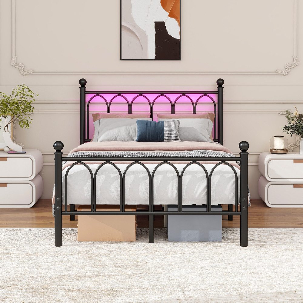 BBWL Bettgestell LED-Beleuchtung, USB-Ladestation, Duty Stahllamellen, Boxspringfrei, Metall Bettrahmen mit Vintage Kopf- und Fußteil, Unterbett-Speicher