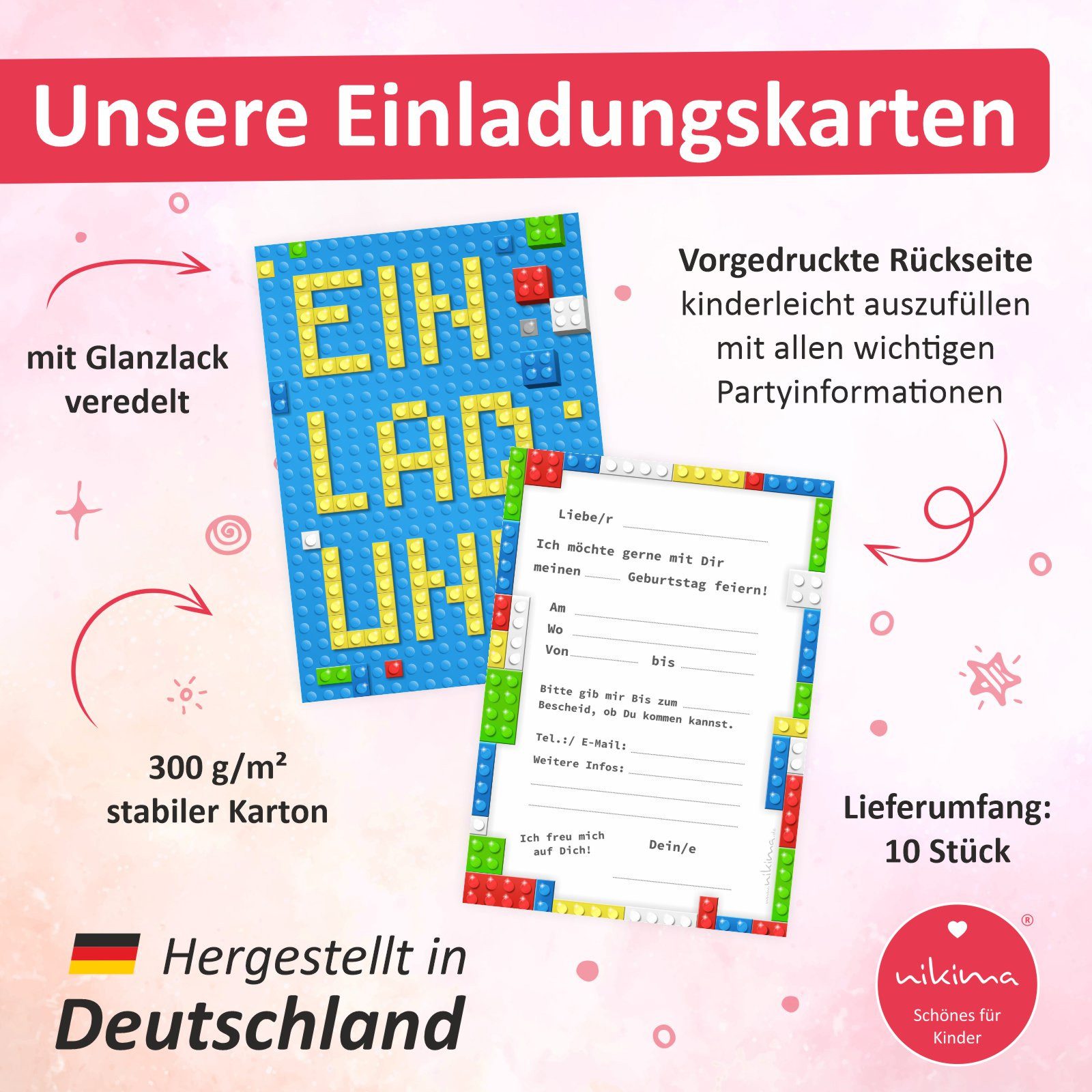 nikima Einladungskarten 10 Einladungskarten mit Glanzlack bunte Bausteine für Kindergeburtstag