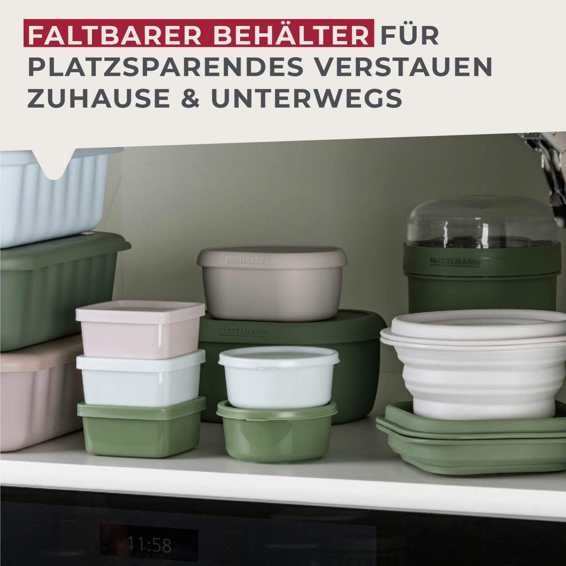FACKELMANN Aufbewahrungsdose Snacking-Box, Faltbare Lunchbox, Runde Brotzeitdose, Silikonbehälter
