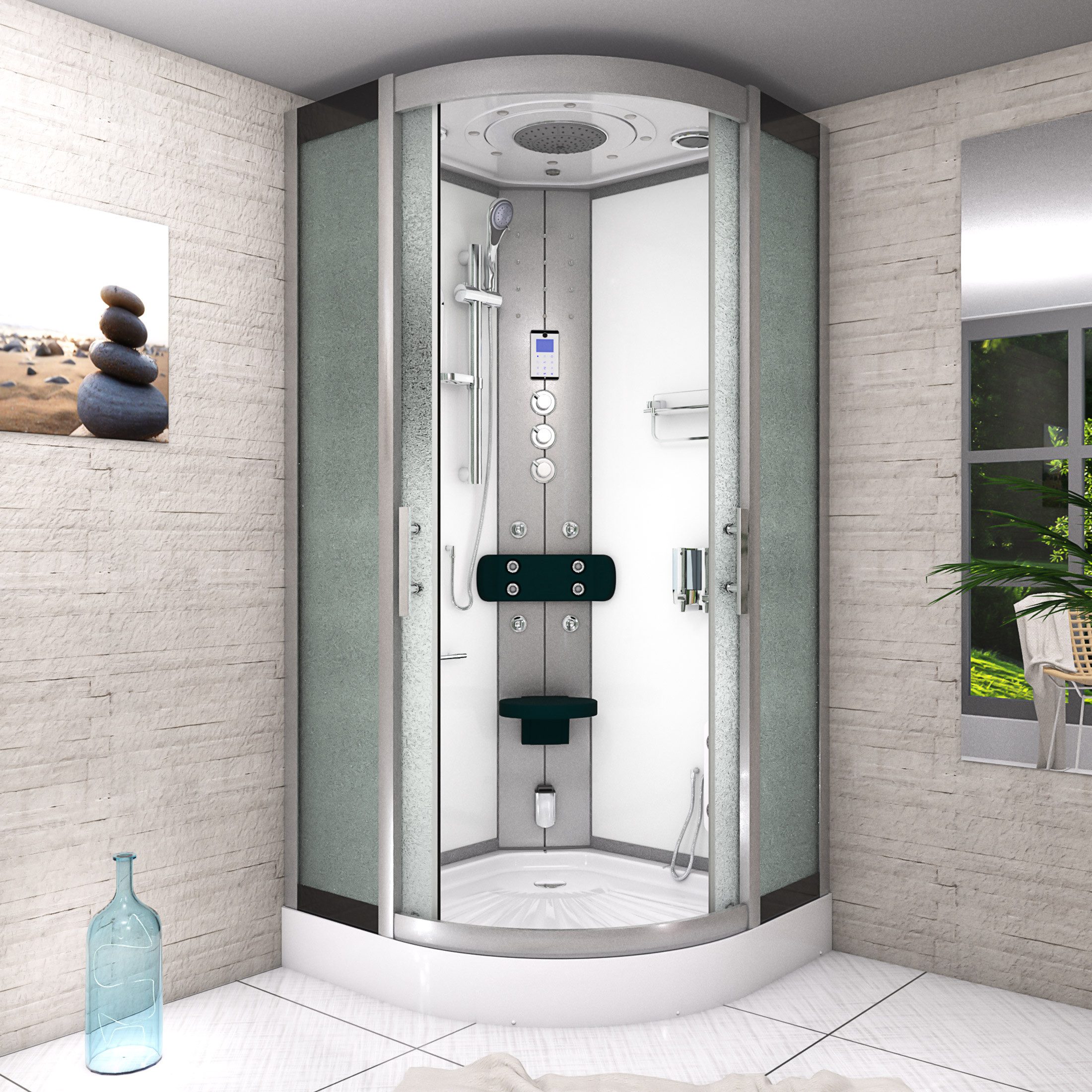 AcquaVapore Komplettdusche Fertigdusche Dusche D46-00M1-ALL Weiß 80x80, Sicherheitsglas ESG, inklusive Duschwanne, Höhenverstellbar, Mit Bauanleitung, Mit Beleuchtung, Mit Spiegel, Gehä