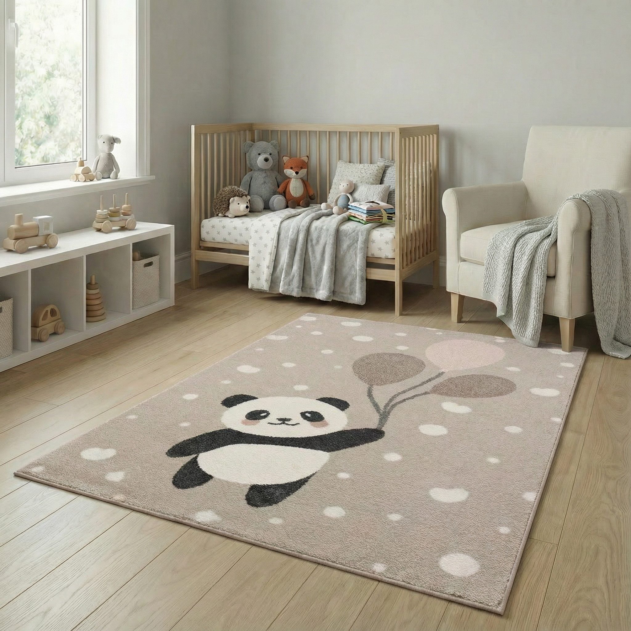 Jimri Kinderteppich Happy Friends Teppich für Kinderzimmer, Kinderteppich Bär Hase Panda, Rechteckig