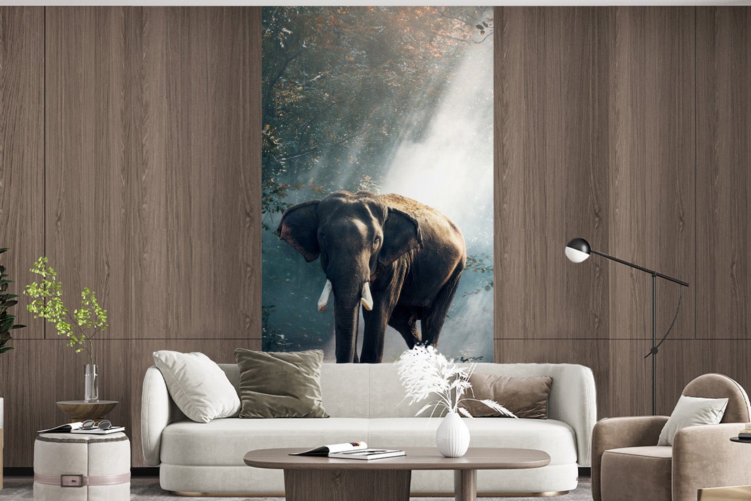 Natur - Tiere Fototapete - bedruckt, - Küche, Matt, Schlafzimmer - Wohnzimmer Licht (2 Wald MuchoWow Fototapete - Vliestapete Elefant Wildtiere, für St),