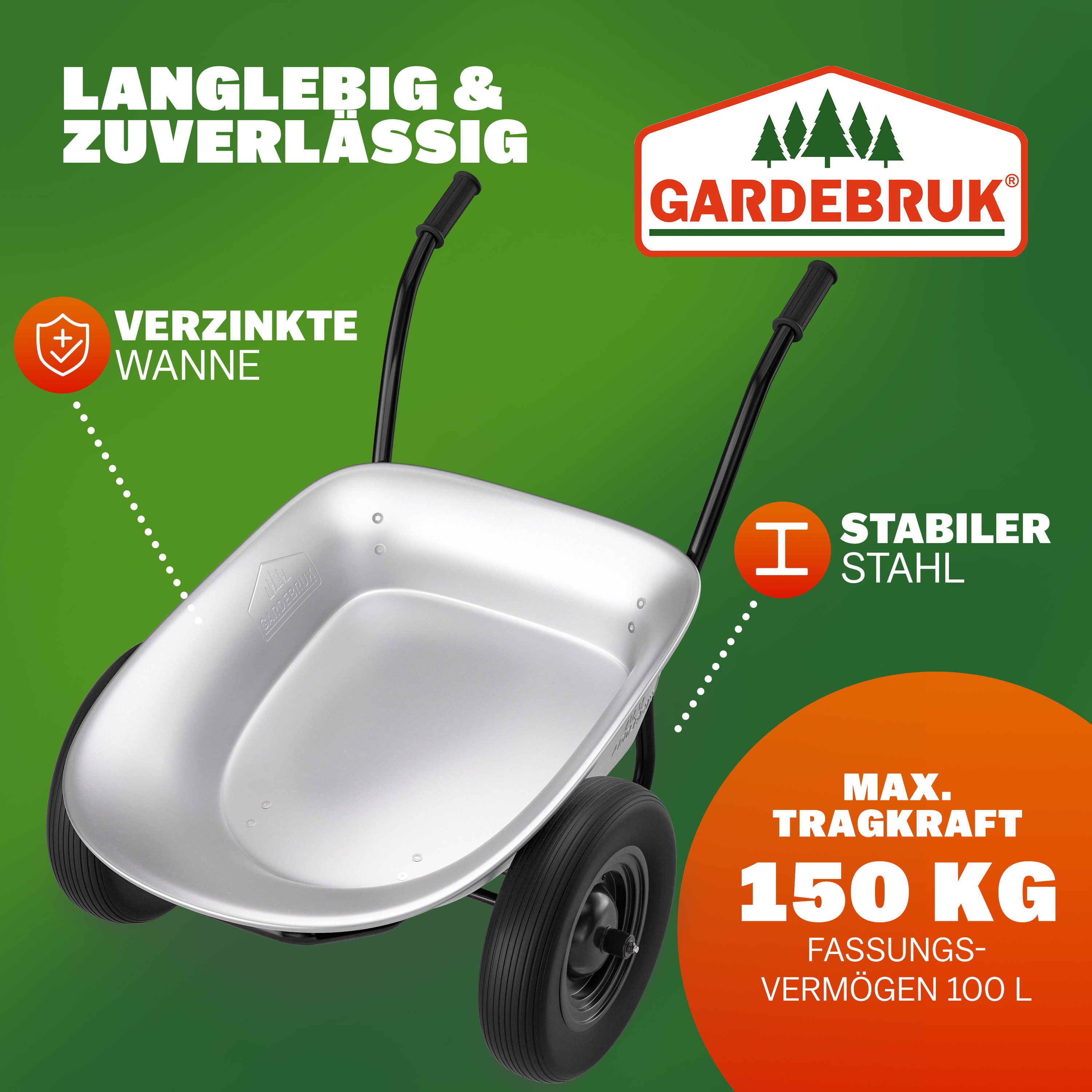 Gardebruk Schubkarre, 2 Rad 150kg 100L Stahlfelge 2 Luftreifen Autoventil Gleitlager