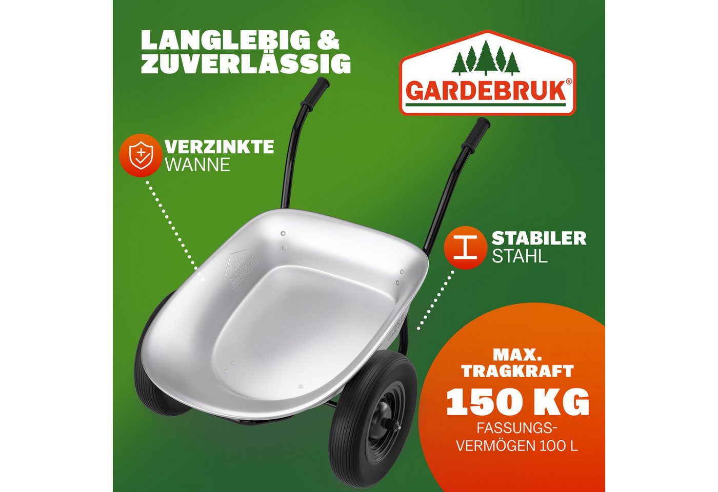 Thumbnail - Gardebruk Schubkarre, 2 Rad 150kg 100L Stahlfelge 2 Luftreifen Autoventil Gleitlager