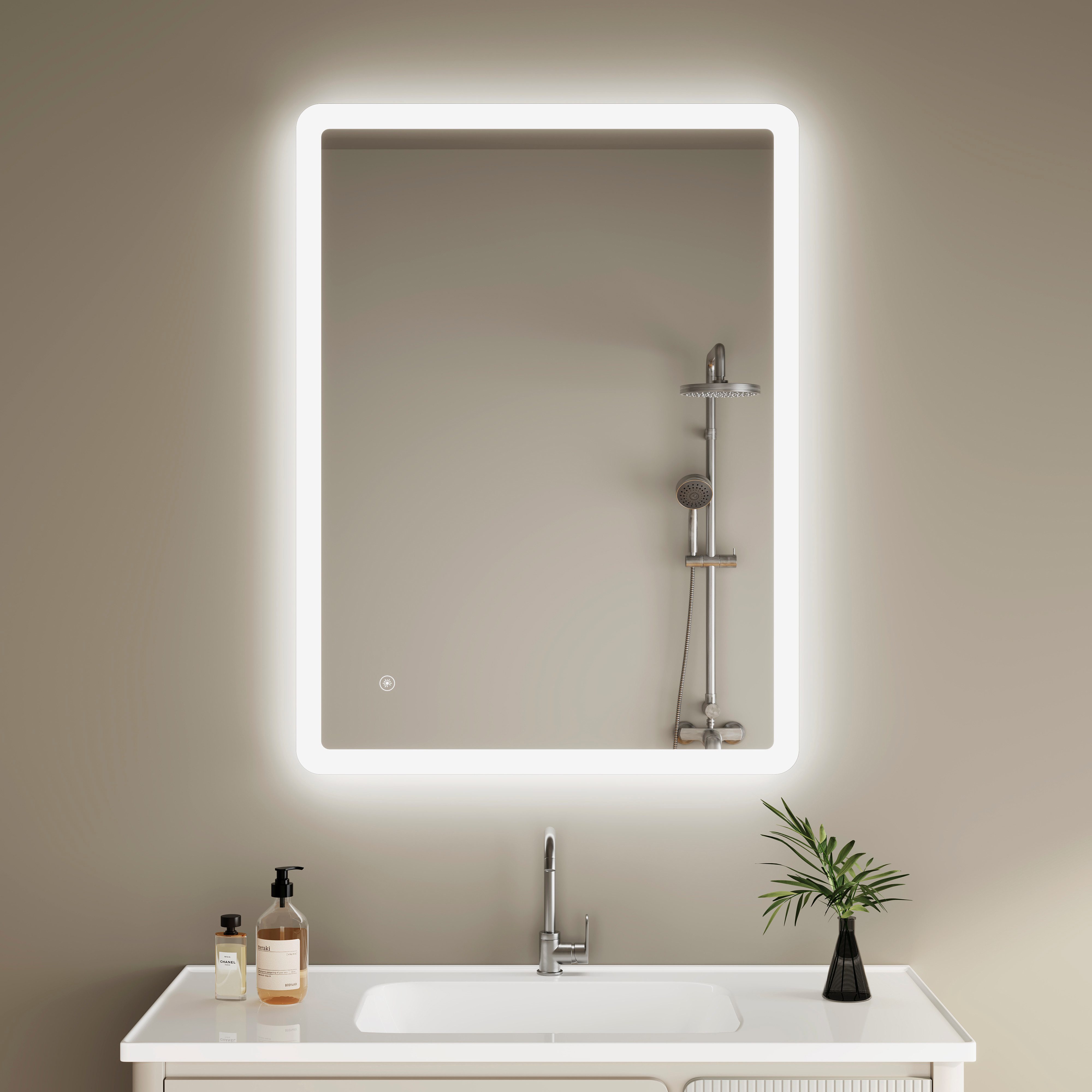 IMPTS Badspiegel Badezimmer Wand spiegel mit Beleuchtung Dimmbar-Funktion (Set, tageslichtweiß, IP44, Dimmbar, Vertikal/Horizontal Montage), Lichtspiegel Beschlagfrei Helligkeit Dimmbar Speicher Funktion