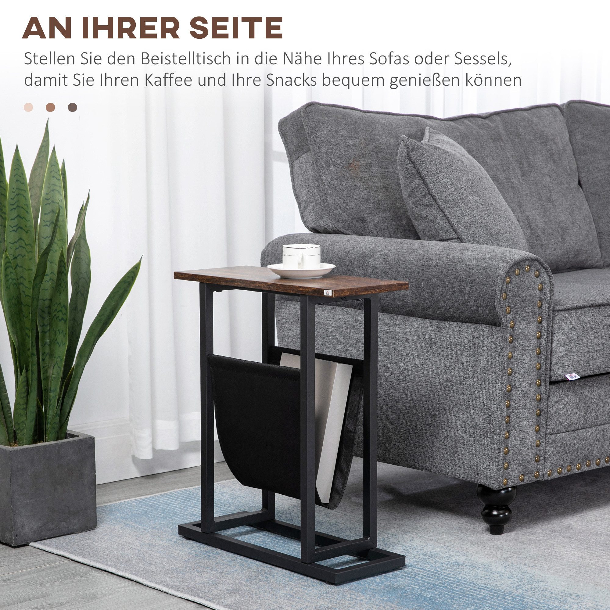 HOMCOM Beistelltisch Nachttisch mit Stofftasche, mit Stahlrahmen, Wohnzimmertisch (Kaffeetisch, 1-St., Couchtisch), Dunkelbraun+Schwarz, 49 x 19 x 55 cm – Bild 4 von 5