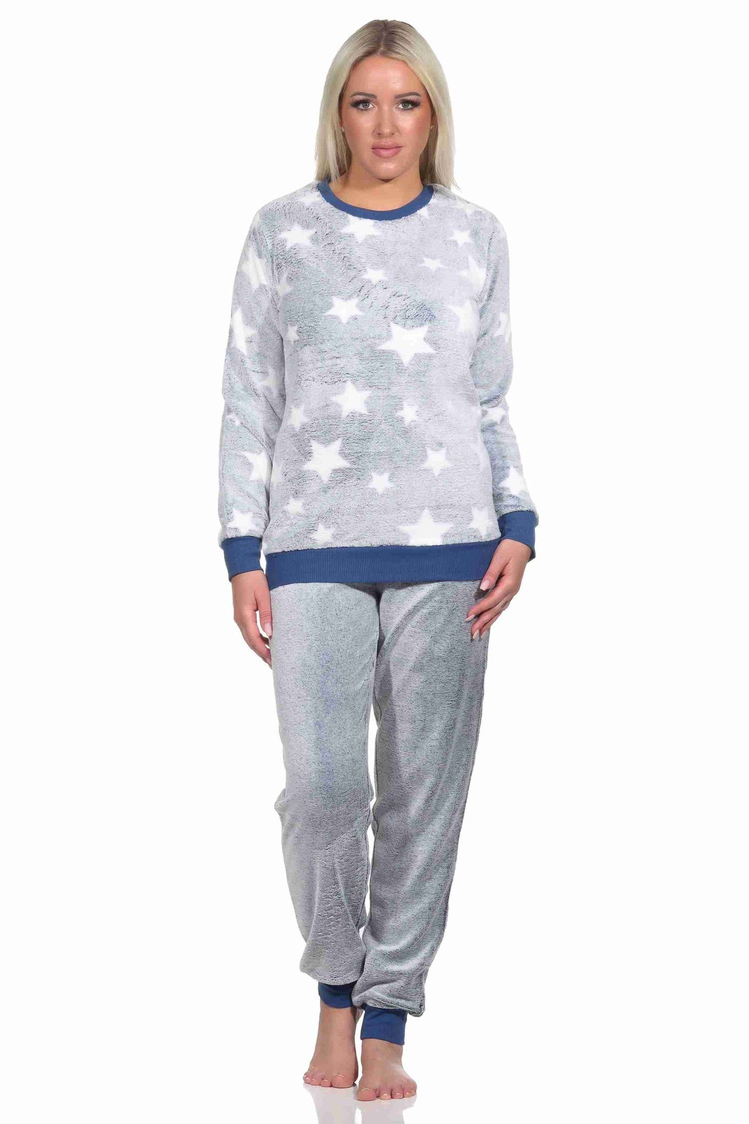 Normann Pyjama Damen langarm Schlafanzug mit Bündchen in Sterneoptik blau