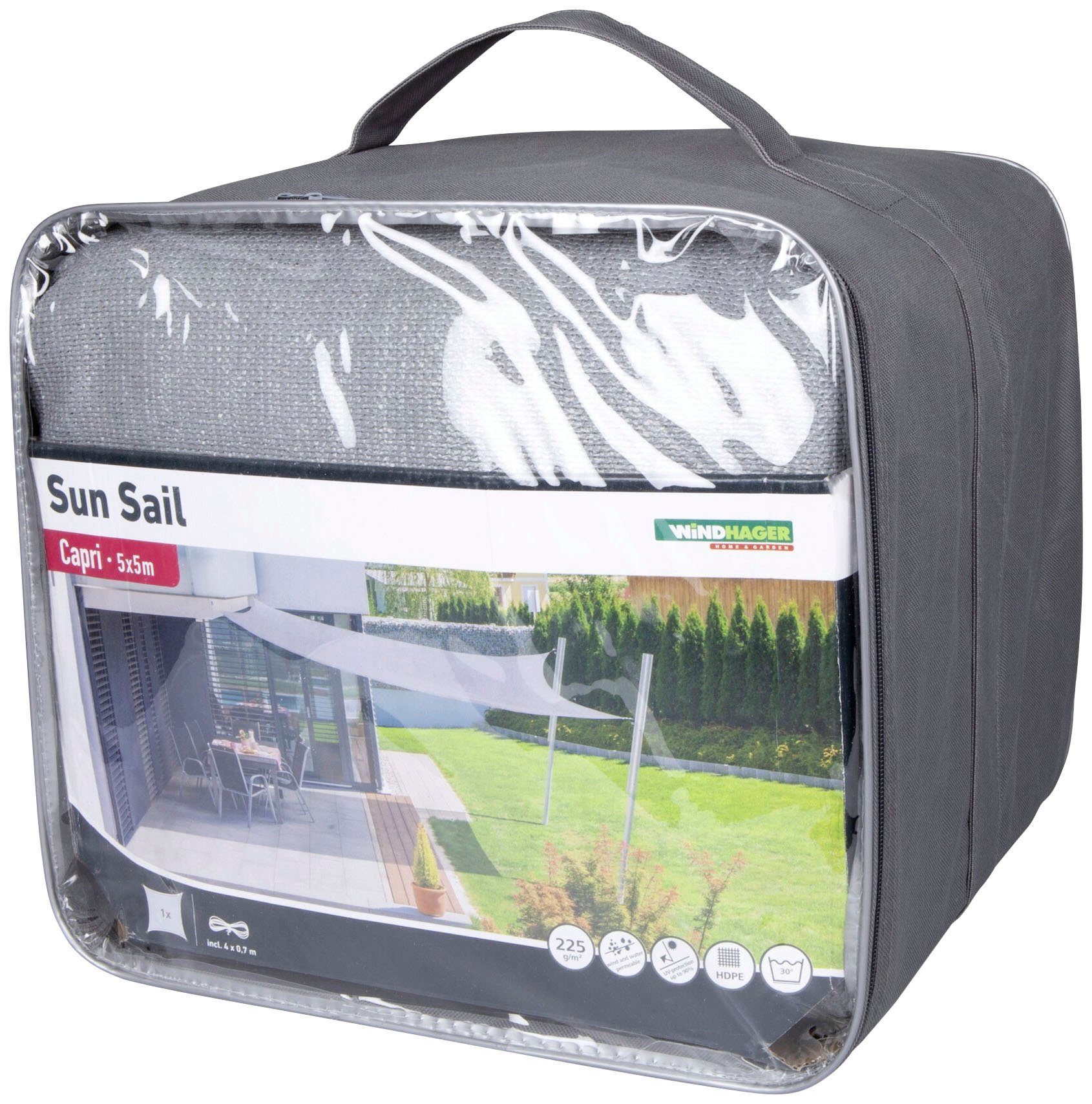 Windhager Capri Square Sun Shade Sail, 5x5m, grey