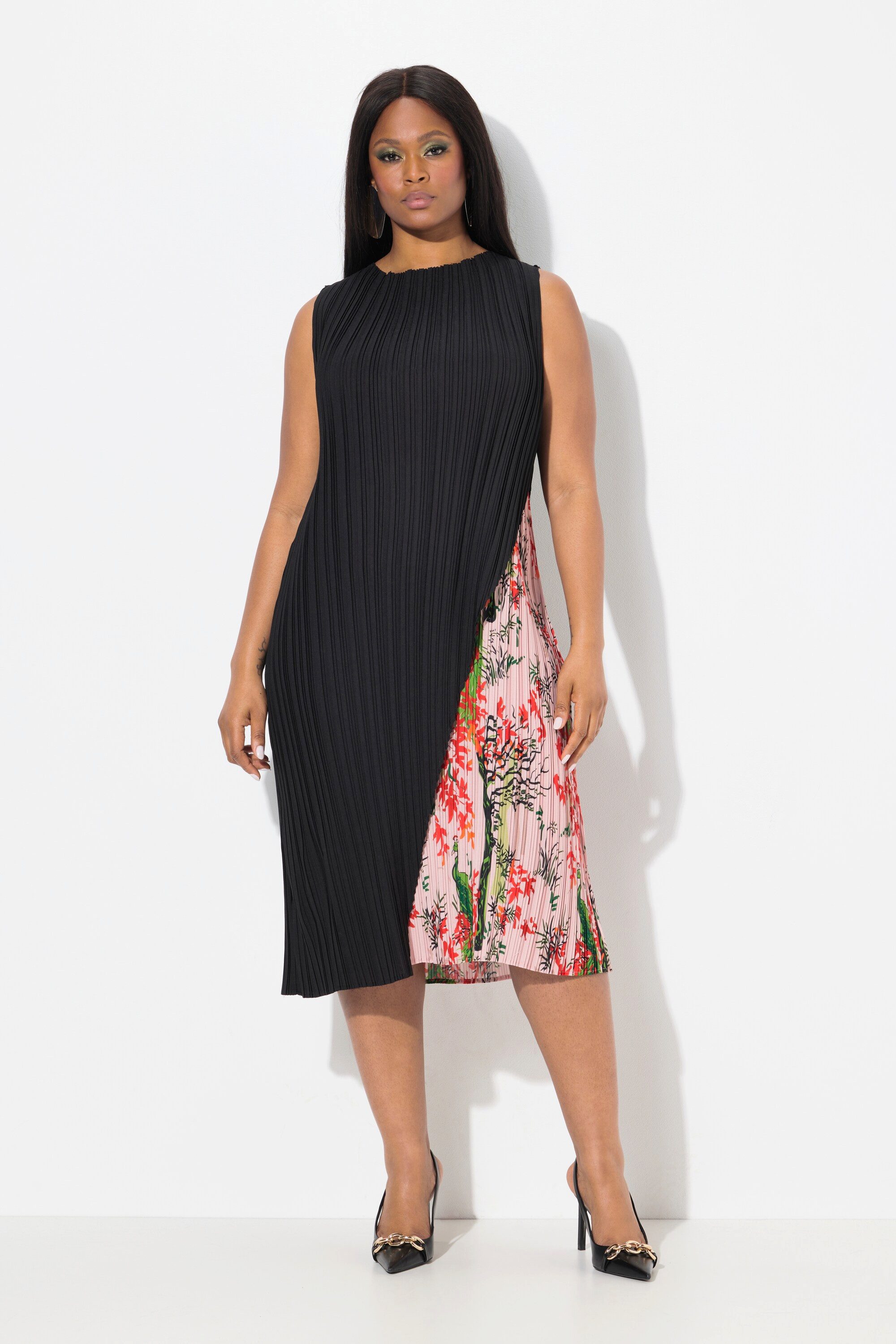 Ulla Popken Midikleid Plissee-Midikleid doppellagig Rundhals günstig online kaufen