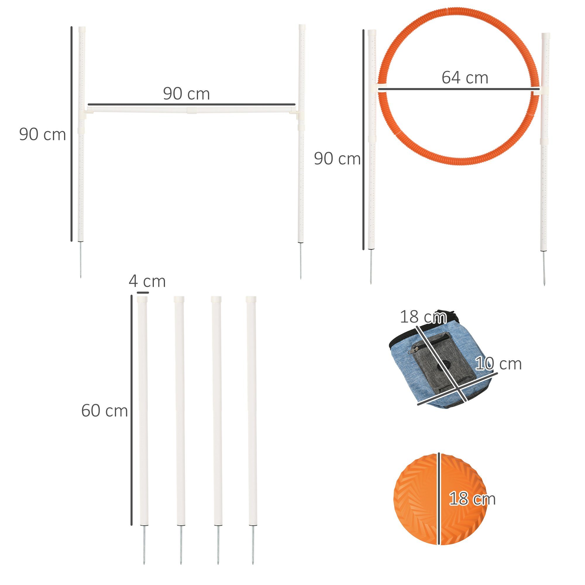 PawHut Agility-Hürde Agility Set Hunde, Futterbeutel, Sprungring, Steckhürdenset, PVC, 5er-Set Hundetraining (5-tlg) Weiß+Blau+Rot+Orange PVC