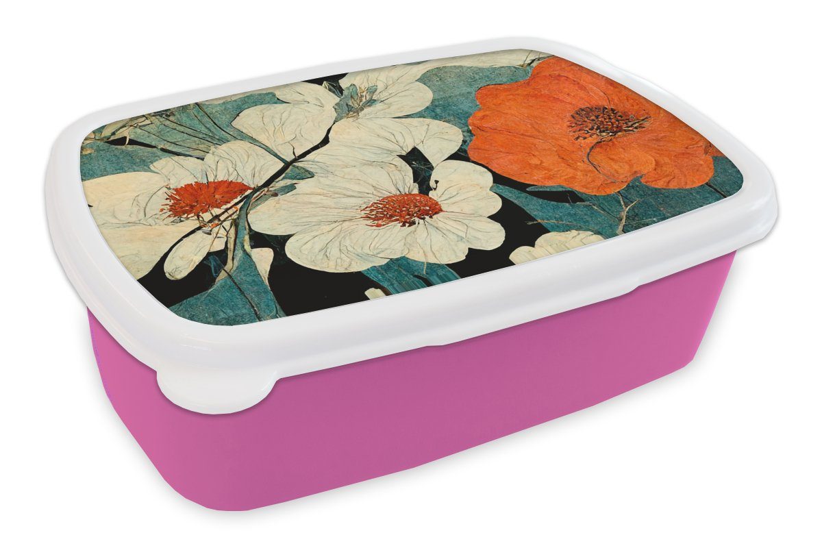 MuchoWow Lunchbox Blumen - Pflanzen - Vintage - Asien - Orange, Kunststoff, (2-tlg), Brotbox für Erwachsene, Brotdose Kinder, Snackbox, Mädchen, Kunststoff rosa | Lunchboxen