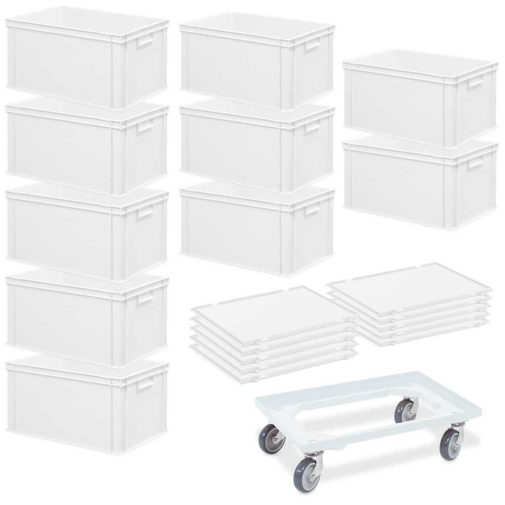 Stapelbox 10 Euroboxen (600x400x320 mm) + 10 Scharnierdeckel + 1 Transportroller