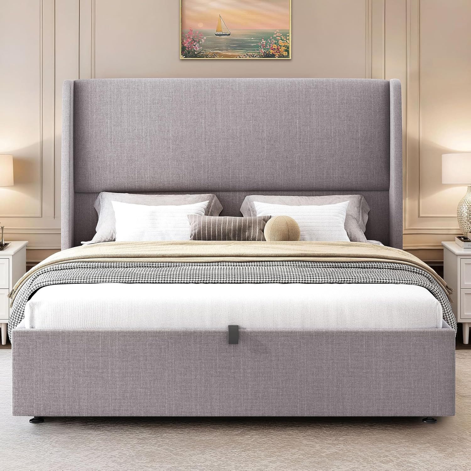 AMERLIFE Polsterbett Hydraulisches Stauraumbett mit Flügel-Kopfteil & Leinenstoff (Ohne Matratze), Doppelbett Plattenbett Jugendbett 160x200 cm
