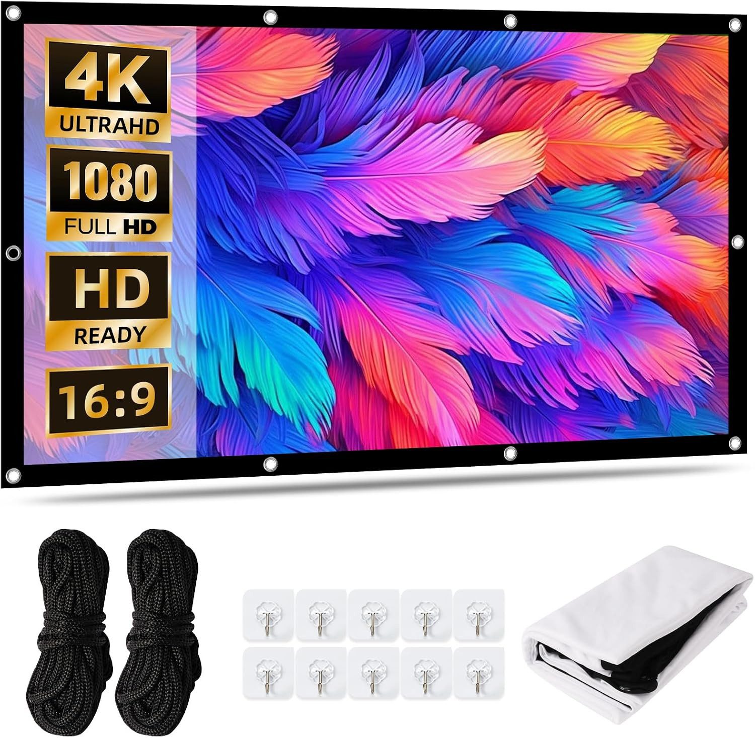 AIMAX Projektionsleinwand 100 Zoll 16:9, Beamer Leinwand faltbar, Weiß Faltrahmenleinwand (Tragbare Beamerleinwand & Projektionsfläche, 221 × 125 cm, mit Haken)
