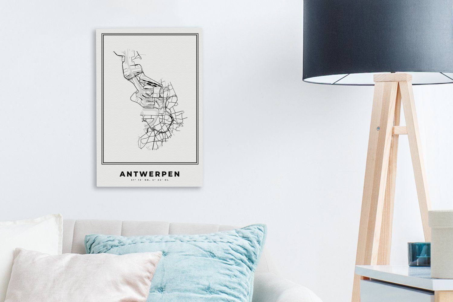 Karte Stadtplan Antwerpen und - weiß 20x30 Zackenaufhänger, - OneMillionCanvasses® Gemälde, fertig (1 bespannt inkl. - Leinwandbild cm Schwarz Leinwandbild - Belgien, St),