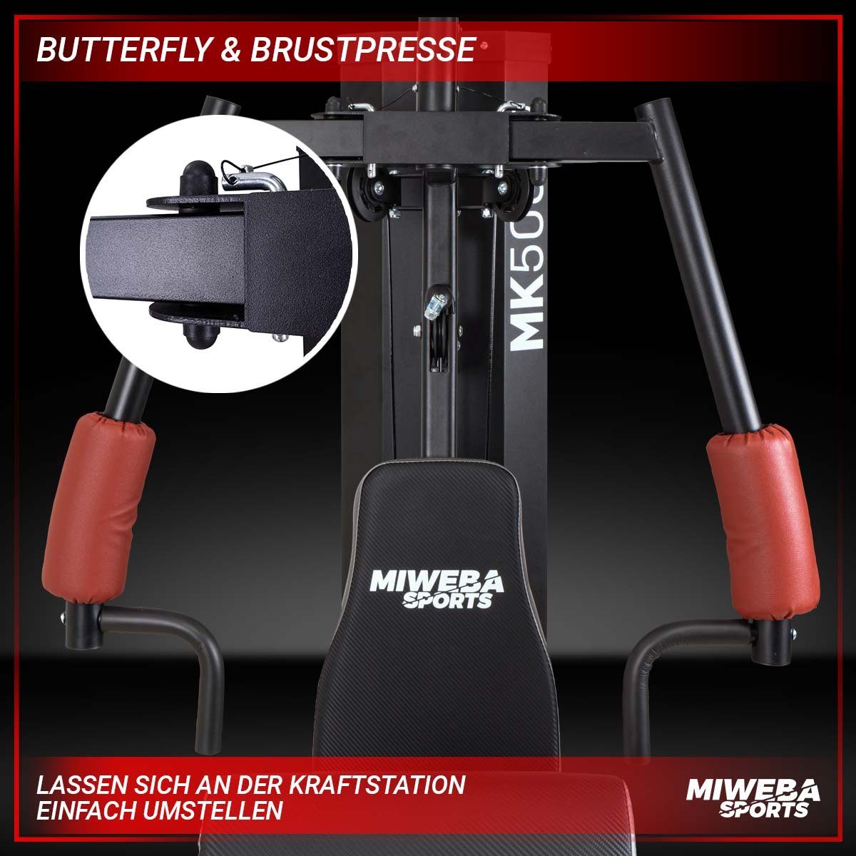 Miweba Sports Kraftstation 50in1 Profi Fitnessstation MK500 Pro - 60 kg Gewichtblock & Butterfly, 14 Gewichtsblöcke (Kraftstation, Brustpresse, Kraftstation für zuhause, Fitness Power Station, Sportgeräte für zuhause, Workout, Krafttraining, 50-tlg., 14 Gewichtsscheiben, Stahl, verstellbare Trainingsintensität), Kraftturm Fitnessturm Fitnessgerät Home gym Trainingsgerät