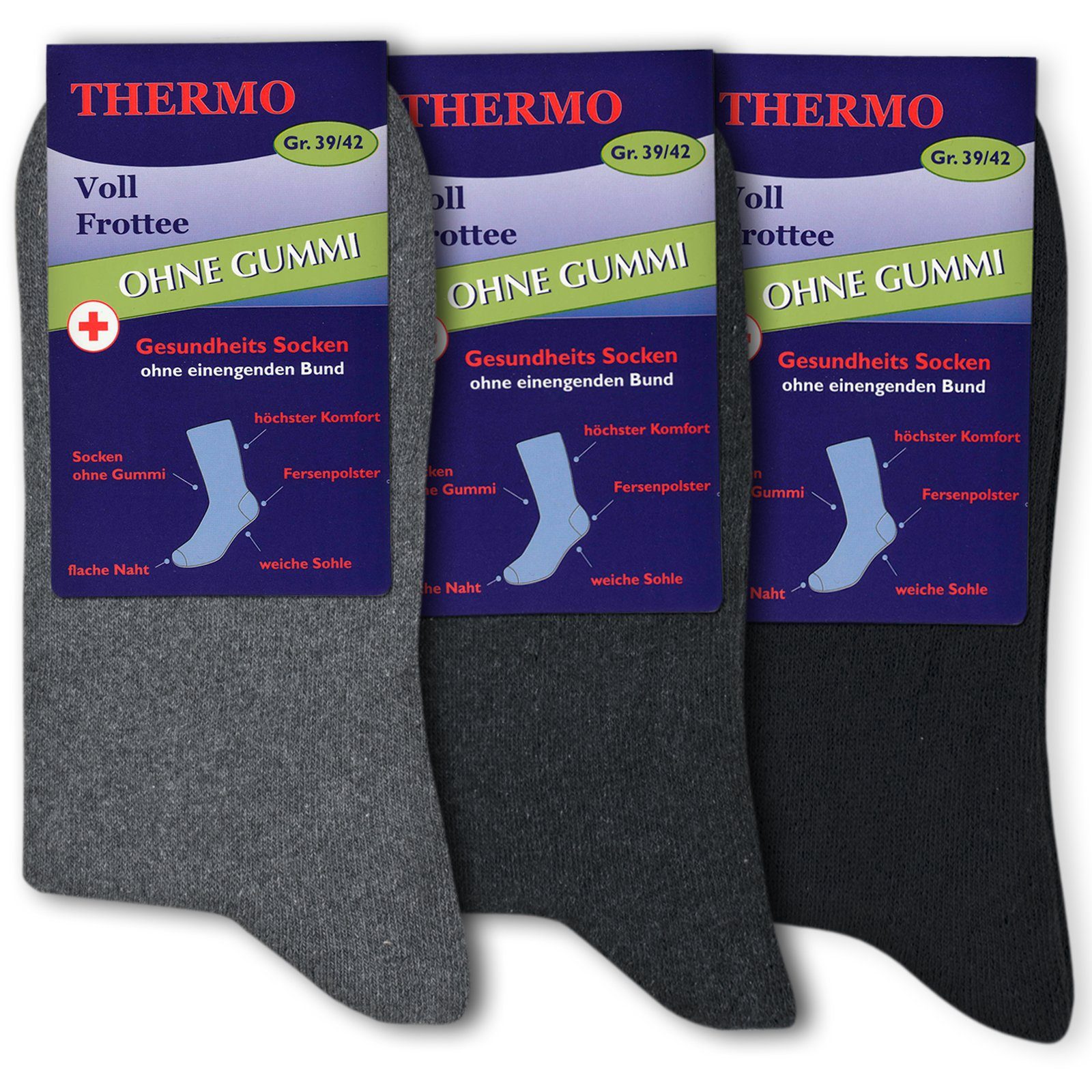 Die Sockenbude Basicsocken THERMO (Bund, 3-Paar, grau schwarz)  Diabetikersocken ohne einengenden Bund ohne Gummi | 