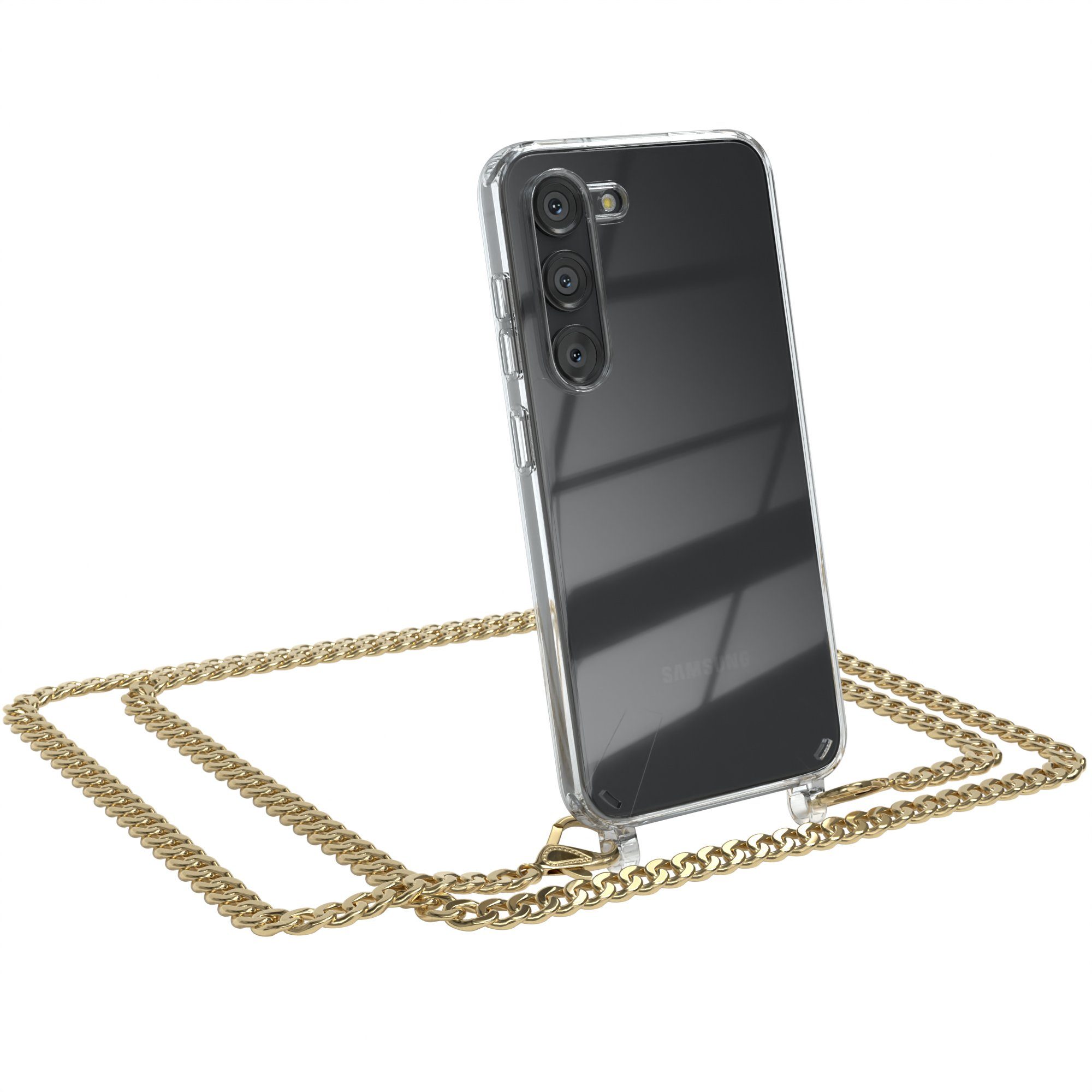 EAZY CASE Handykette 2in1 Metallkette für Samsung Galaxy S23 6,1 Zoll, Hülle mit Band Silikonhülle durchsichtig Necklace Cover Slimcover Gold