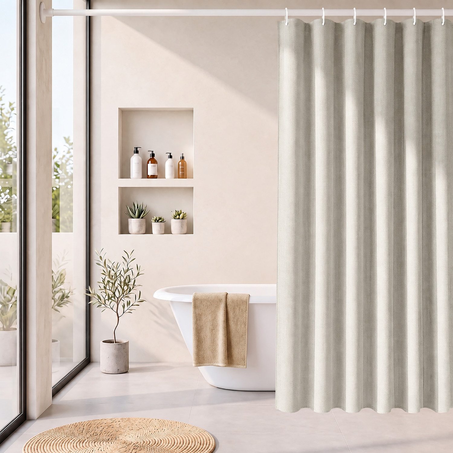 Sekey Duschvorhang Textil Duschvorhang Wannenvorhang Waschbar wasserabweisend mit Ringe Breite 90 cm (Packung, inkl. 8 Ringe), Badewannenvorh, 100% Polyester, Leinenoptik 90x180cm Creme