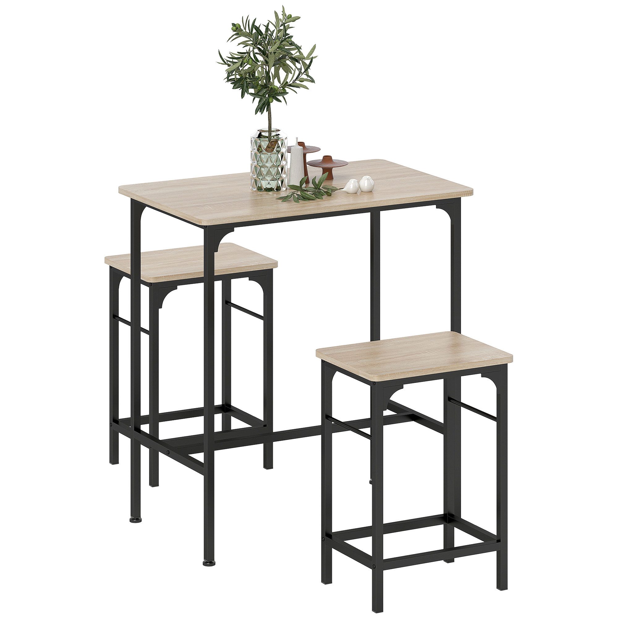 HOMCOM Bargruppe mit 2 Barhocker, rutschfestem Fußpolster, (Set, 3-tlg., Tisch mit 2 Hockern), Hocker unter Tisch schiebbar
