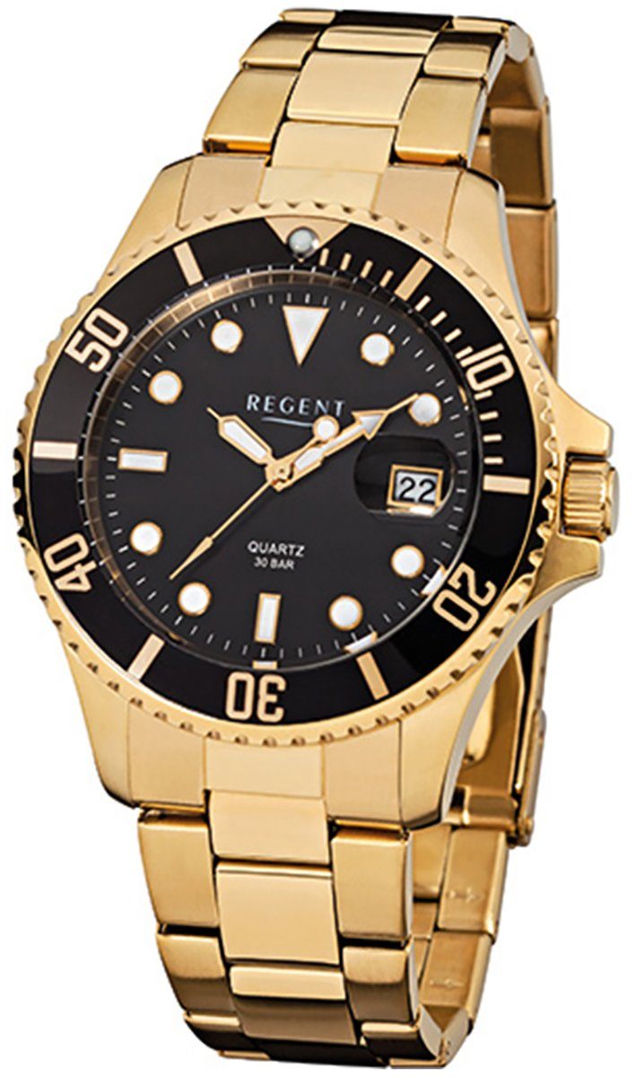 Regent Quarzuhr Regent Herren-Armbanduhr gold Analog F-370, (Analoguhr), Herren Armbanduhr rund, groß (ca. 40mm), Edelstahl, ionenplattiert