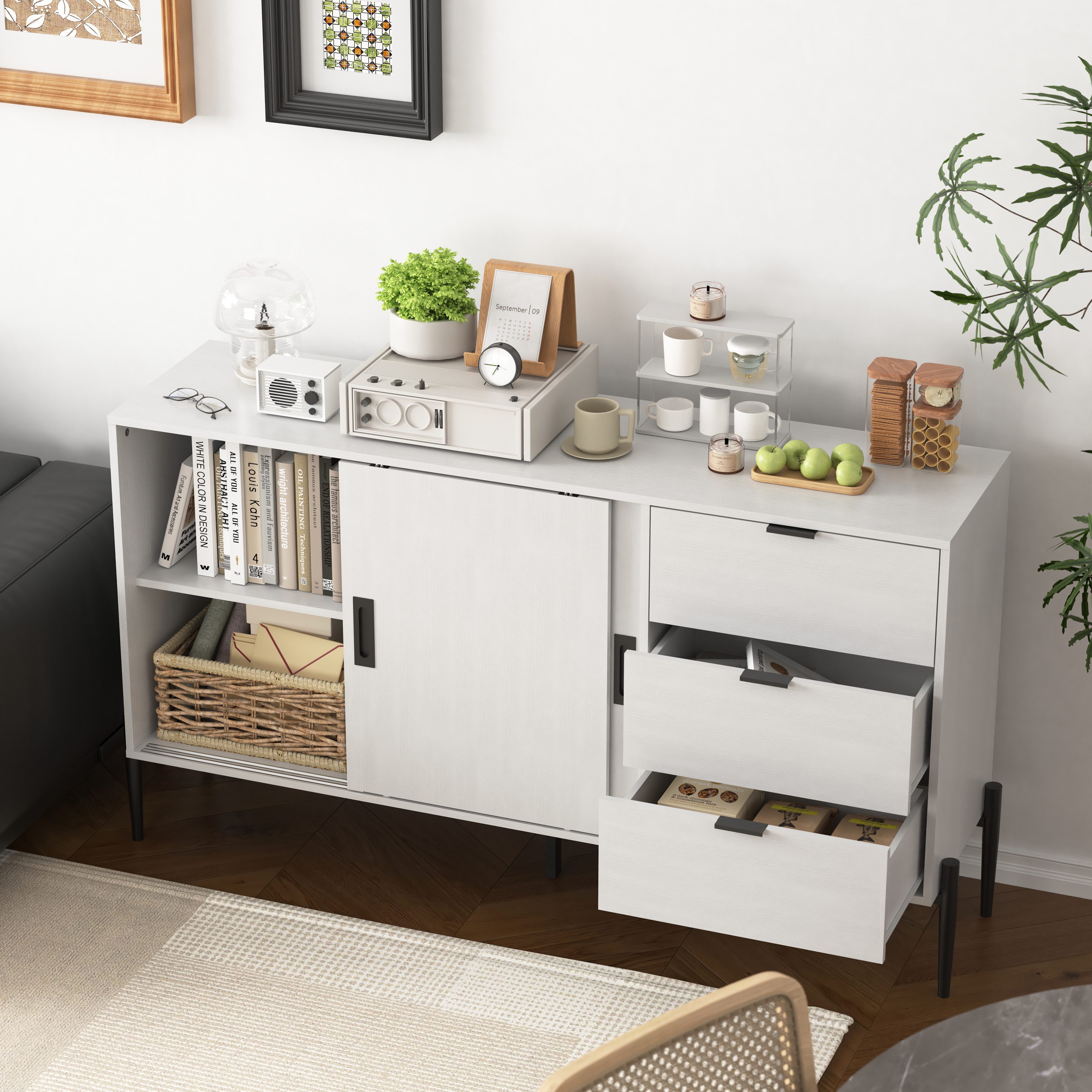 Odikalo Sideboard Anrichte Kommode Essschrank Schließfach Schiebetüren Schubladen Weiß