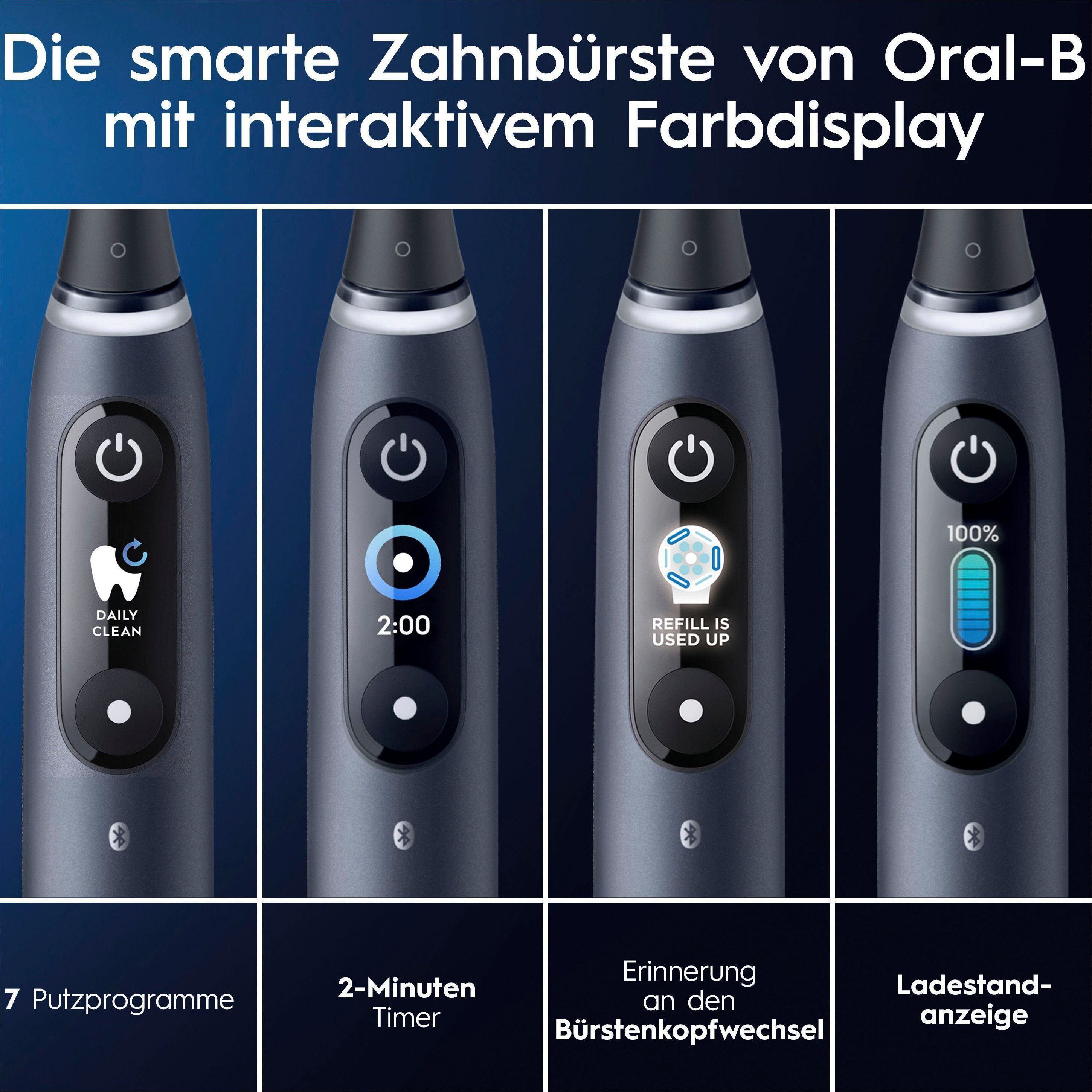 9, 2 & black onyx St., Aufsteckbürsten: Putzmodi, Farbdisplay iO Elektrische mit Zahnbürste Magnet-Technologie, Oral-B 7 Lade-Reiseetui