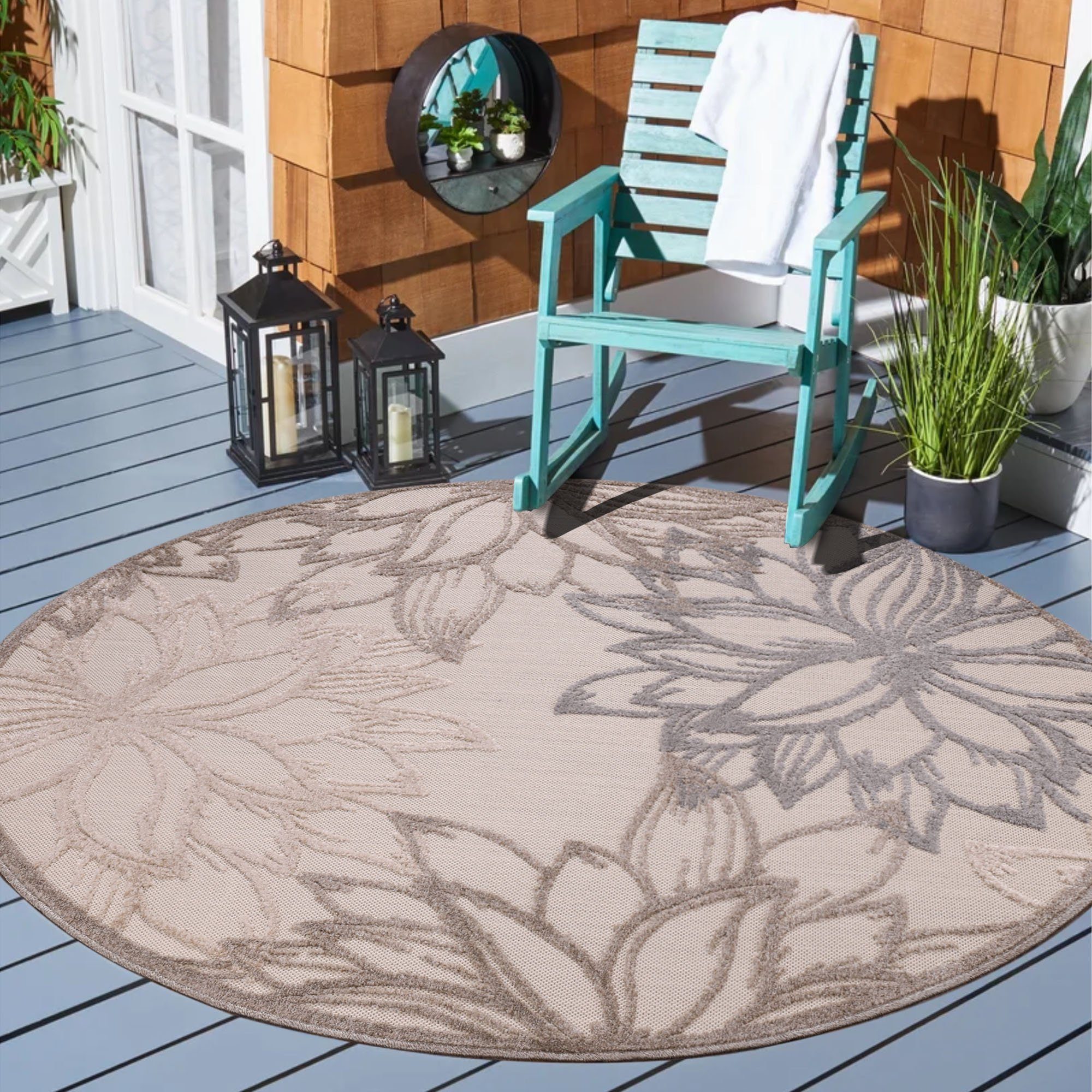 und Terasse Höhe: 6 Design, rund, Sanat, Outdoor florales mm, creme geeignet, Floral In- Balkon, Teppich 2,