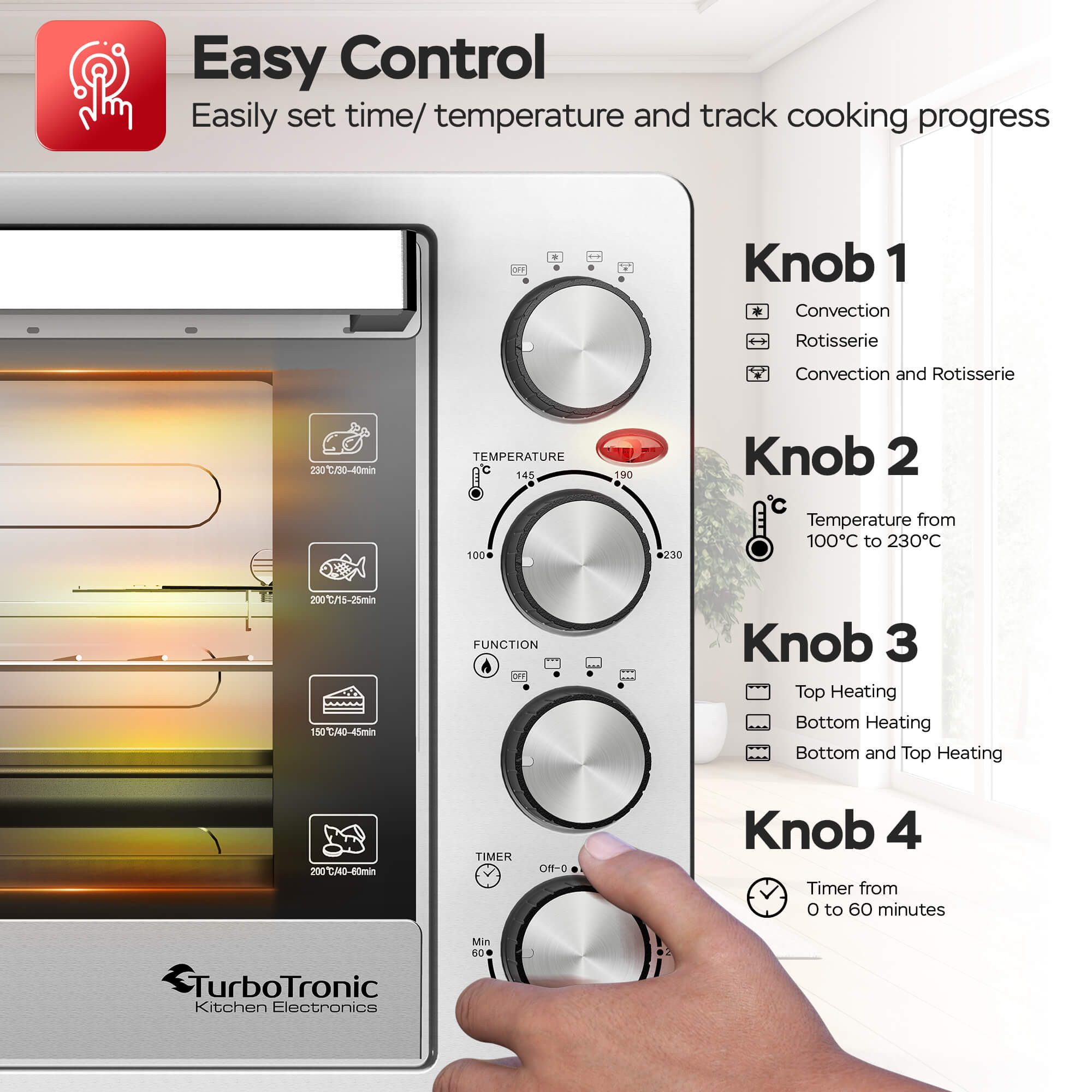 TurboTronic by Z-Line Minibackofen 1500 W 30 l Mini Backofen mit Umluft Drehspieß Grill Pizzaofen Timer, Tischbackofen mit Umluft, kleiner Backofen, Mini Ofen,  – Bild 5 von 5