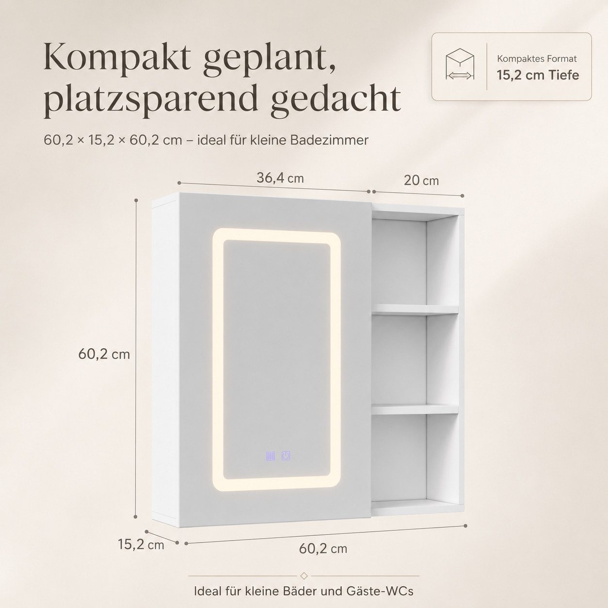 Simurq Badezimmerspiegelschrank Badspiegelschrank 60 cm, 3 Lichtfarben, Antibeschlag (Einzelartikel, 1-teilig) 3 Lichtfarben, Antibeschlag, offenes Regal – Bild 2 von 5