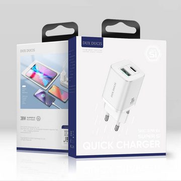 Dux Ducis »3A Quick Charger 30W Schnell-Ladegerät Netzteil Handy Ladegerät PD+QC3.0 USB + USB Typ-C 3.0 kompatibel mit Smartphone weiß« Smartphone-Ladegerät
