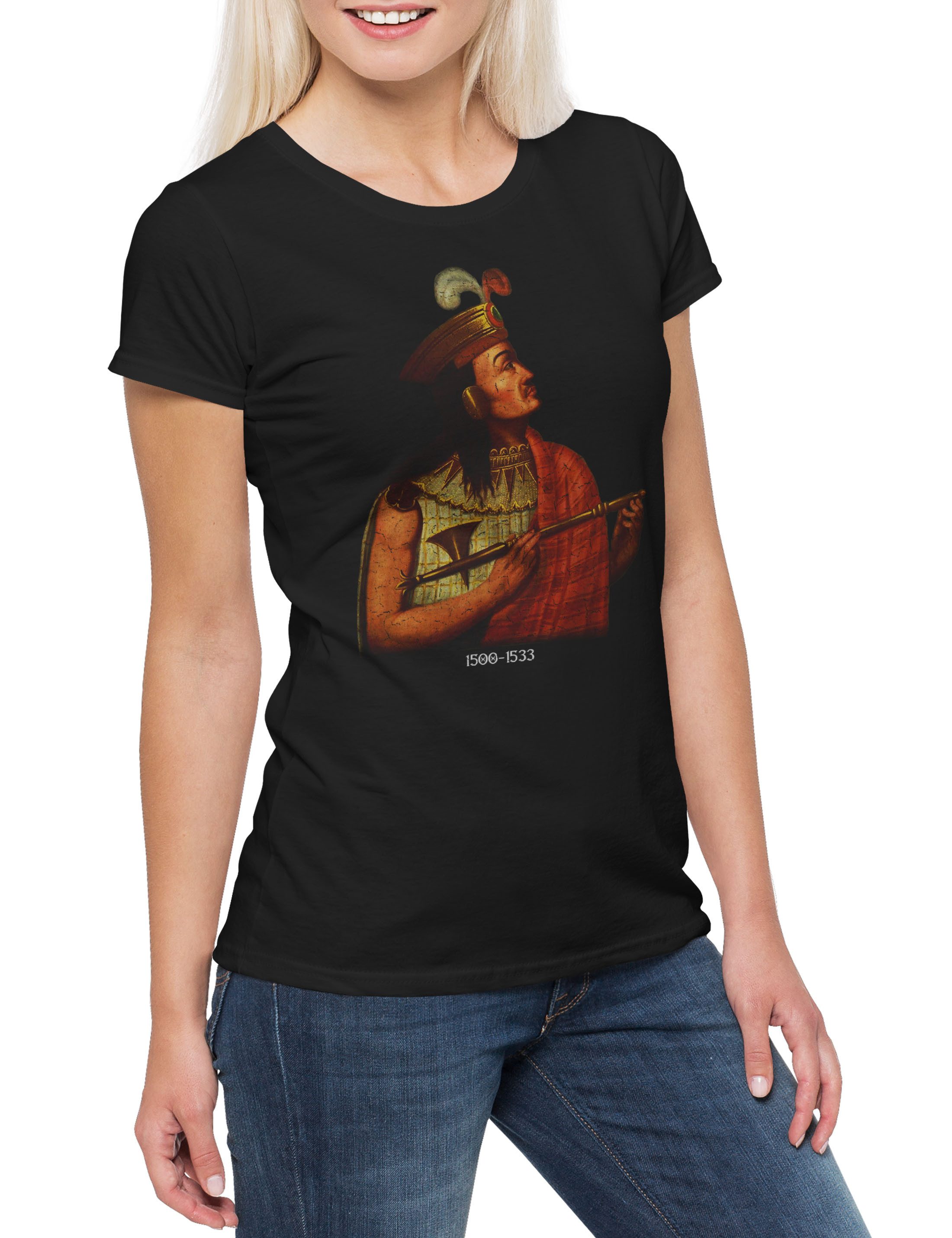 Print-Shirt Atahualpa Portrait Damen T-Shirt Portrait Bild Picture Atztec Azteken