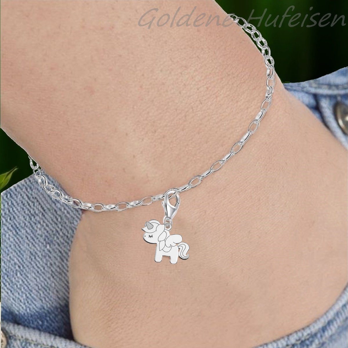 Goldene Hufeisen Charm-Einhänger Einhorn Karabiner Charm Anhänger aus 925 Silber Kinder (inkl. Etui), 925 Sterling Silber mit Zirkonia Silberschmuck für Armband