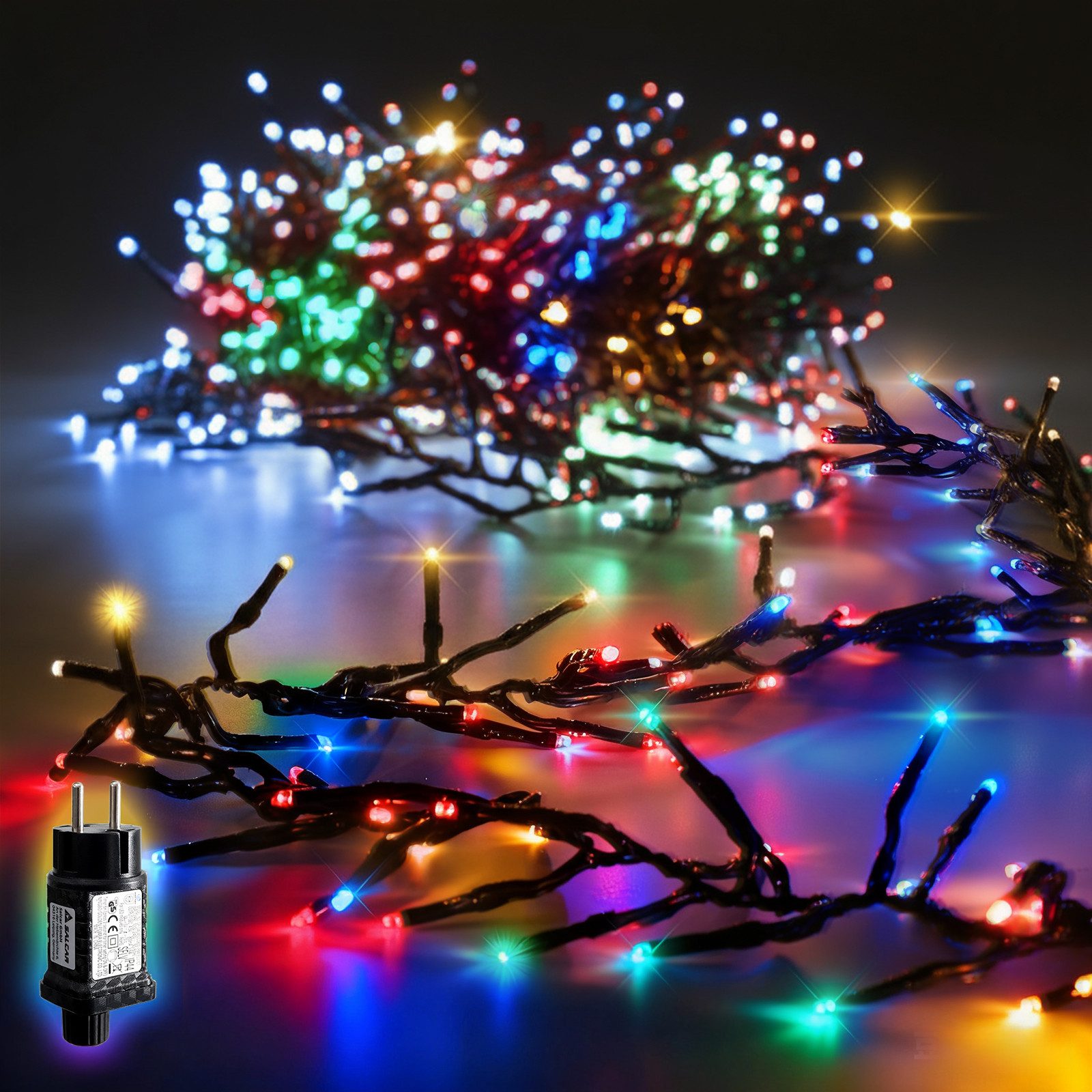 Salcar LED-Lichterkette LED Cluster Lichterkette Außen Weihnachtslichterkette Warmweiß & Bunt, 10m 1000er LED 8 Modi und Memory, Christbaumbeleuchtung