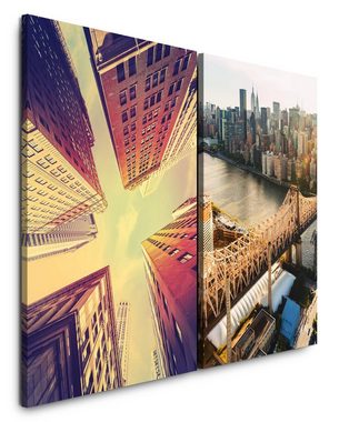Sinus Art Leinwandbild 2 Bilder je 60x90cm New York Manhattan Fluss Wolkenkratzer Skyline USA Mega City
