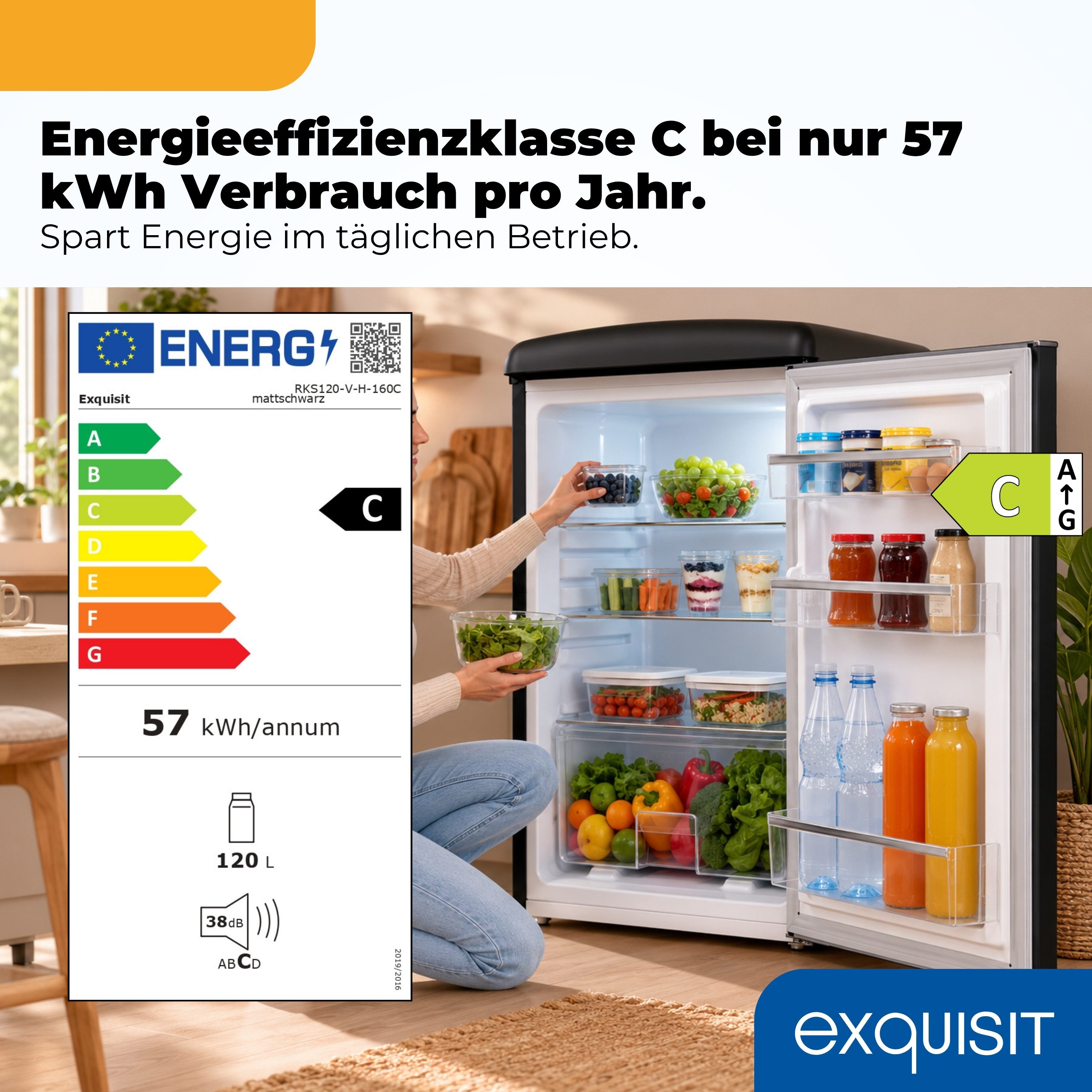 exquisit Kühlschrank RKS120-V-H-160C mattschwarz, 89,5 cm hoch, 54,5 cm breit, LED-Beleuchtung, verstellbare Glasböden, Retro-Design