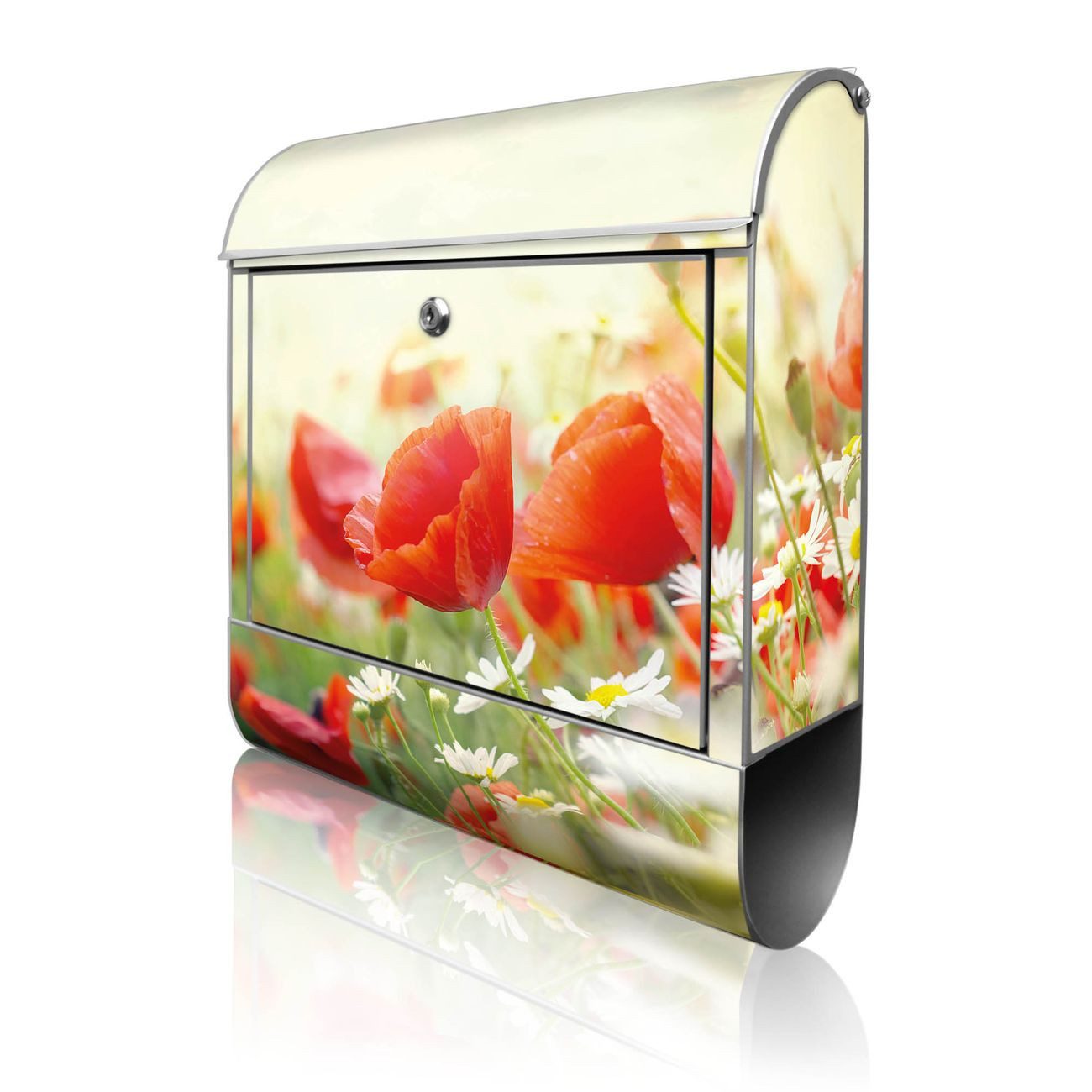 banjado Wandbriefkasten Silber Stahl mit Motiv Kamille Und Mohn (Wandbriefkasten witterungsbeständig, pulverbeschichtet, mit Zeitungsfach), 47 x 39 x 14 cm
