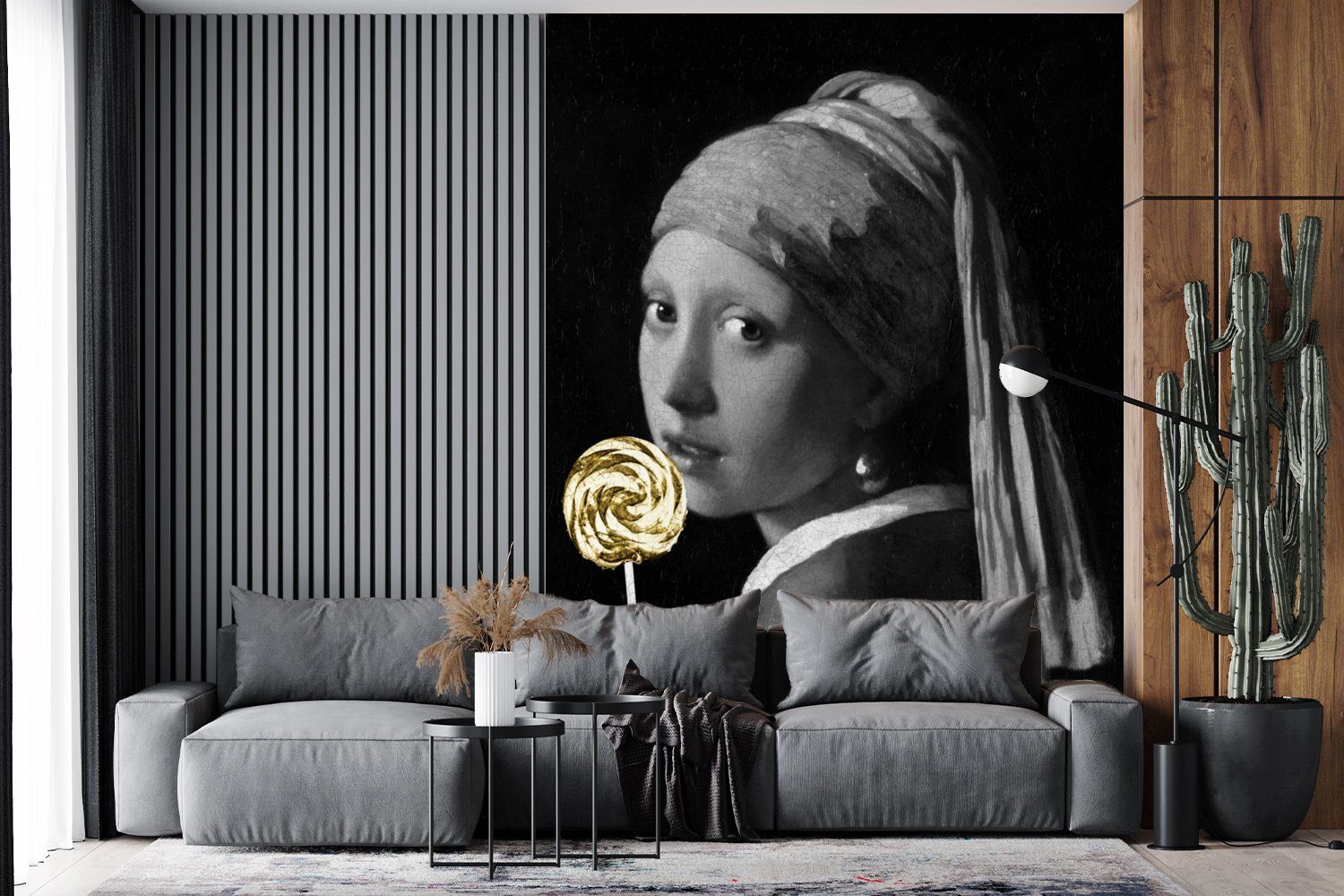 - MuchoWow bedruckt, Montagefertig Gold, Tapete Mädchen Wohnzimmer, Fototapete - - Vinyl für St), (4 Wandtapete mit Perlenohrring Vermeer Lollipop Matt,