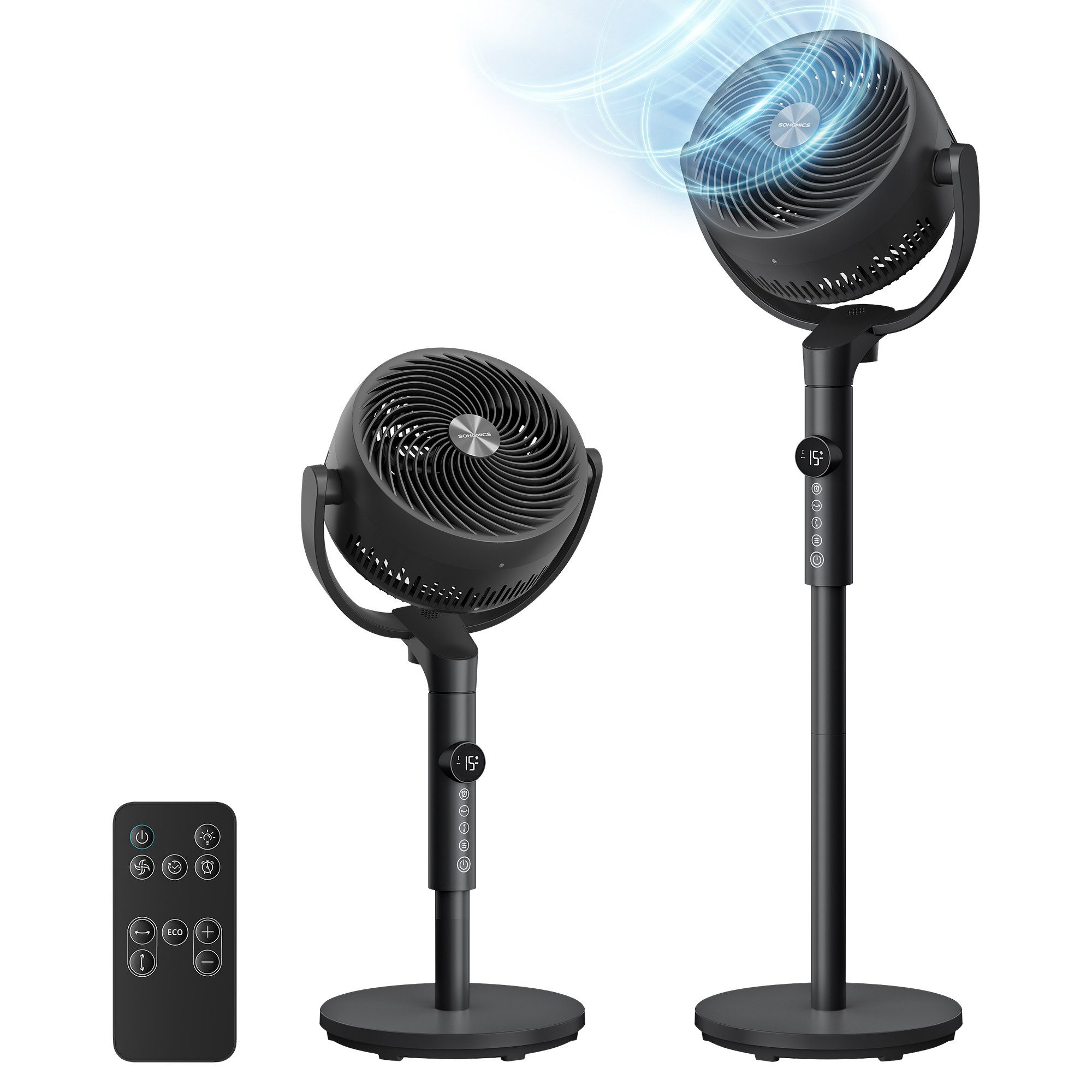 SONGMICS Standventilator Ventilator leise 20 dB, 3 Modi, höhenverstellbar, 23,8x35,4x111,7 cm, mit Fernbedienung, 15 Geschwindigkeiten, 15 Std. Timer, schwarz