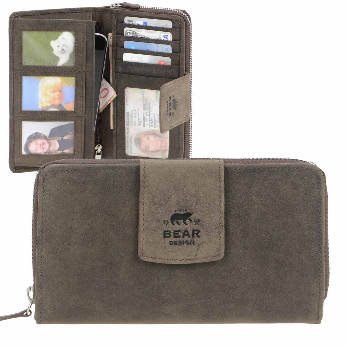 Bear Design Geldbörse Dark Nature Leder, Portemonnaie, Damenbörse, Fotobörse, 10 Kartenfächer, 17x10cm
