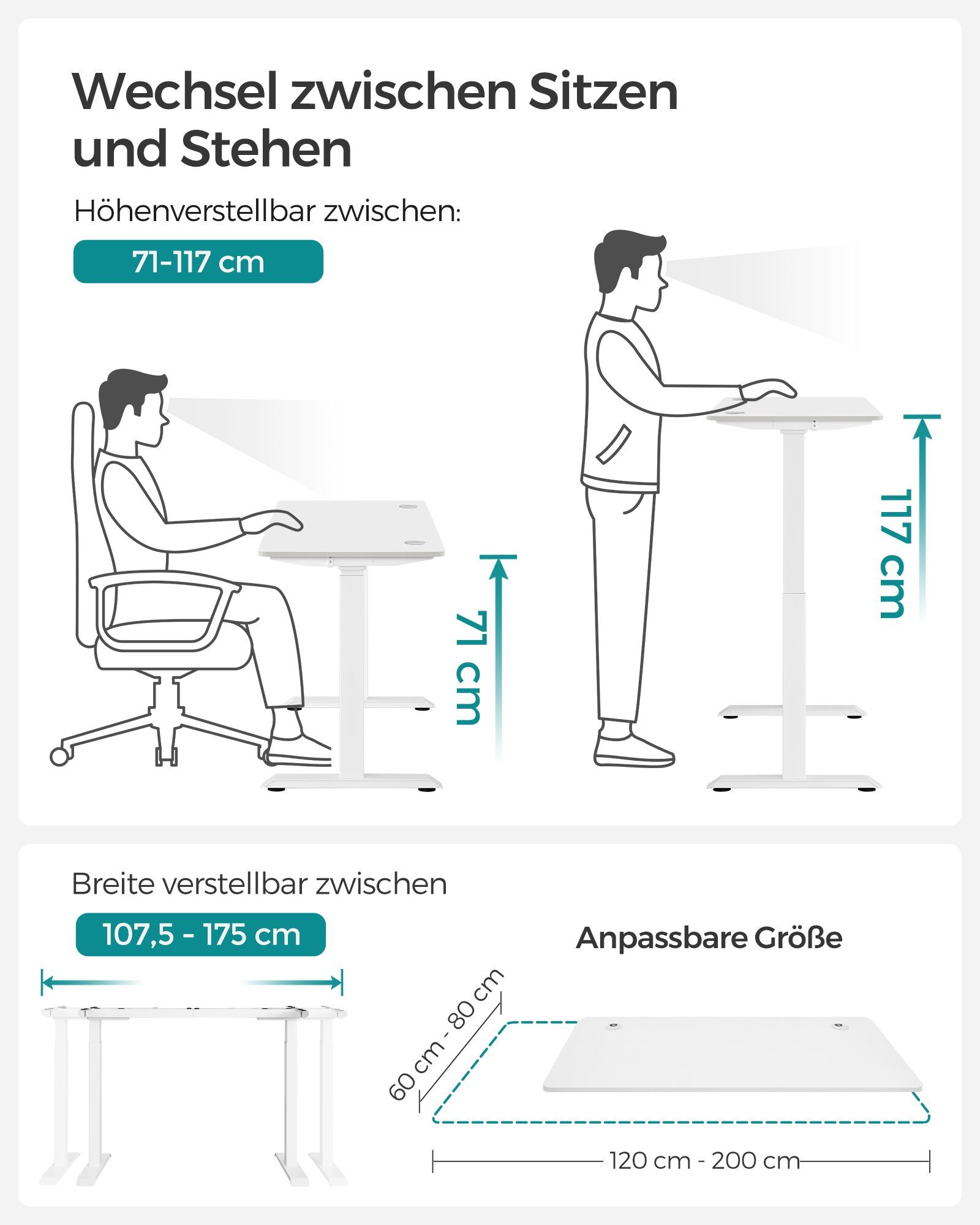 Bürotisch SONGMICS | höhenverstellbar elektrisch, Weiß Weiß Weiß | Schreibtisch Doppelmotor