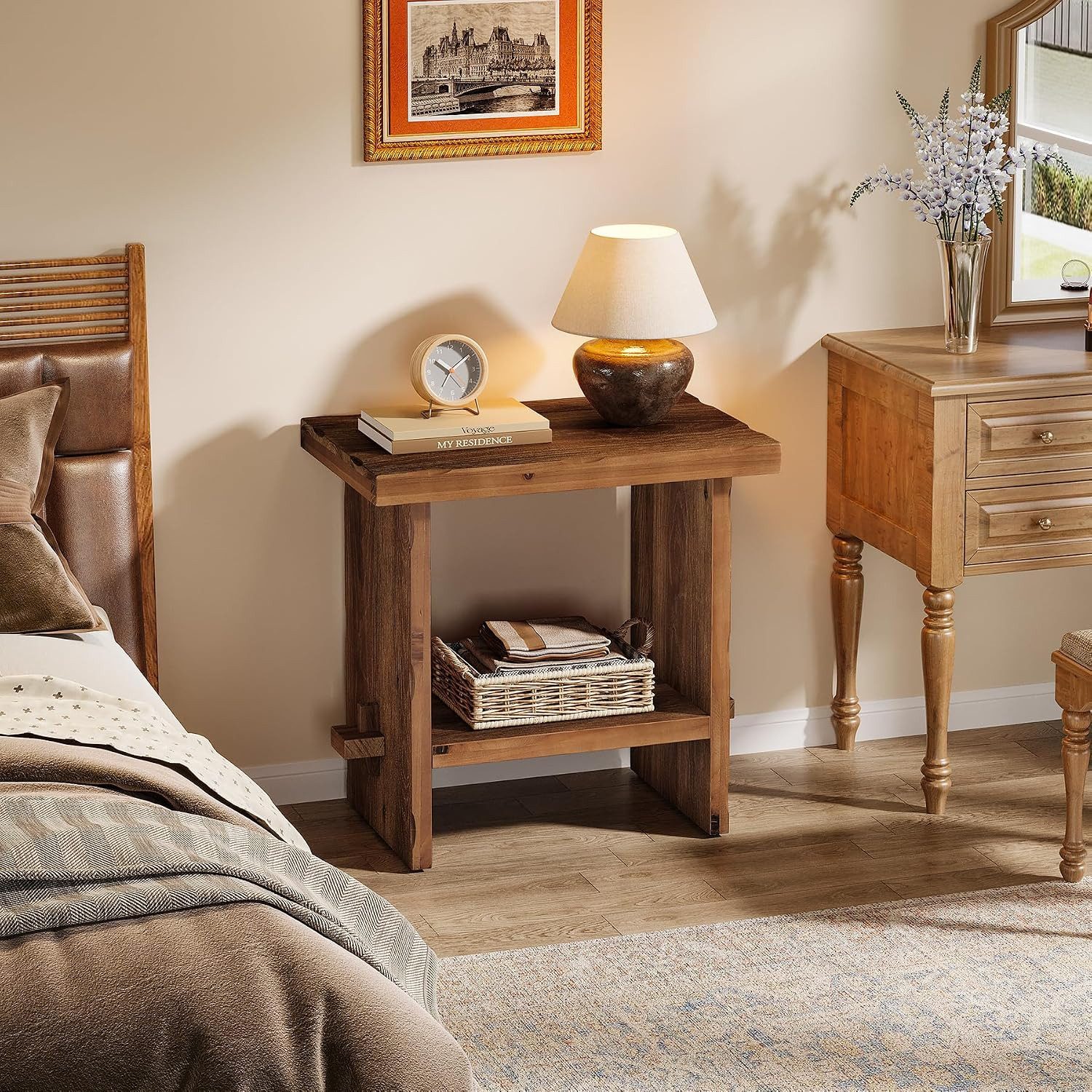Tribesigns Beistelltisch Massivholz Nachttisch Landhausstil mit Holzunterbau für Schlafzimmer – Bild 5 von 5